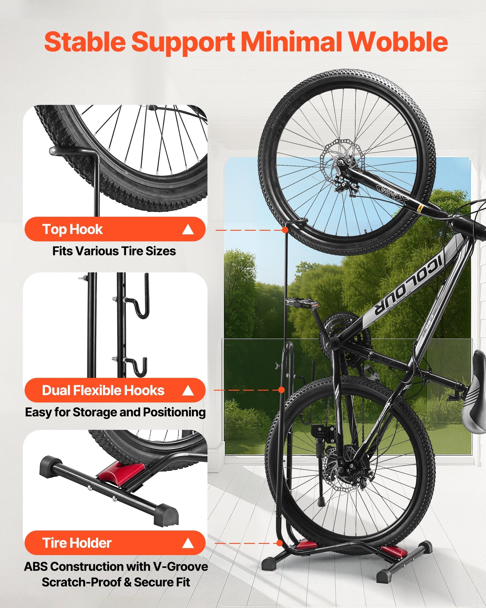 VEVOR Bike Rack, Upright Bike Stand Floor for 406.4 to 700 mm Mountain & Road Bikes, Vertical & Horizontal Bicycle Stand for Secure Parking and Storage in Garage, Truck Bed, Indoor, Outdoor, Black