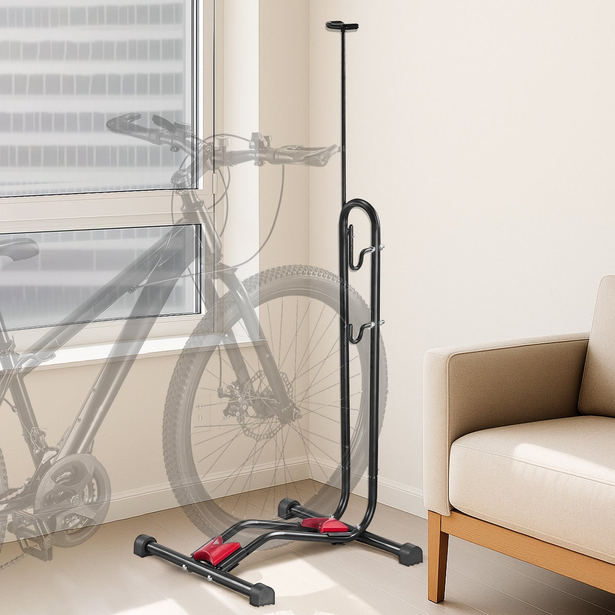 VEVOR Bike Rack, Upright Bike Stand Floor for 406.4 to 700 mm Mountain & Road Bikes, Vertical & Horizontal Bicycle Stand for Secure Parking and Storage in Garage, Truck Bed, Indoor, Outdoor, Black