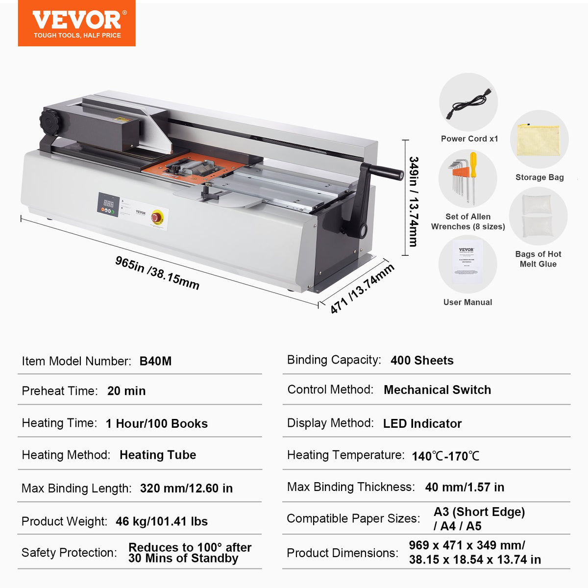 VEVOR Thermal Binding Machine, 400 Sheets Capacity Hot Glue Binding Machine, Thermal Book Binder 40mm Binding Thickness A3(Short Edge)/A4/A5 Document