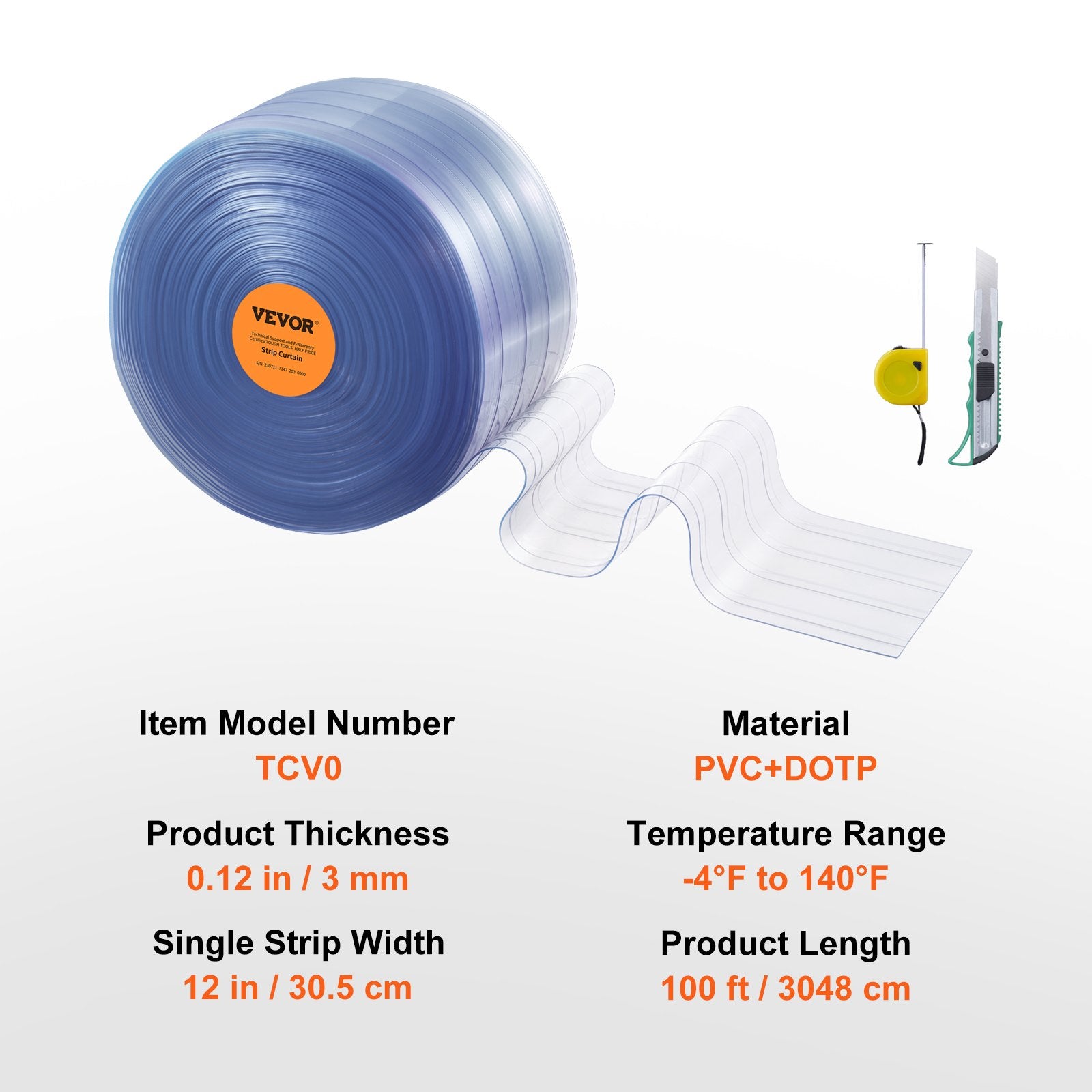 VEVOR Strip Curtain, 3048 cm L x 30.5 cm W x 3 mm Thickness, Clear Ribbed PVC Curtain Strip Door Bulk Roll, Plastic Door Strips for Doorway of Supermarket, Garage, Warehouse, Barn, Pet Animal House