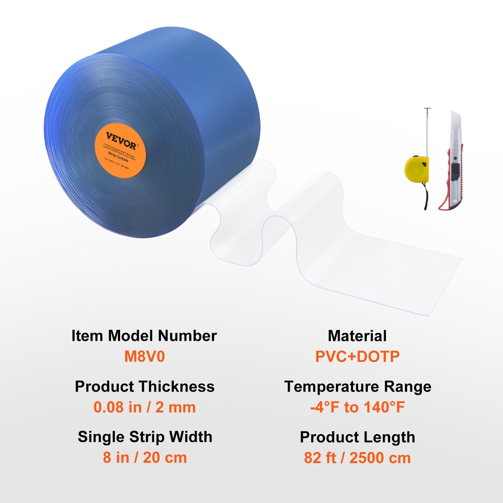 VEVOR Strip Curtain, 2500 cm L x 20 cm W x 2 mm Thickness, Clear PVC Smooth Curtain Strip Door Bulk Roll, Plastic Door Strips for Doorways of Supermarket, Garage, Warehouse, Barn, Pet Animal House