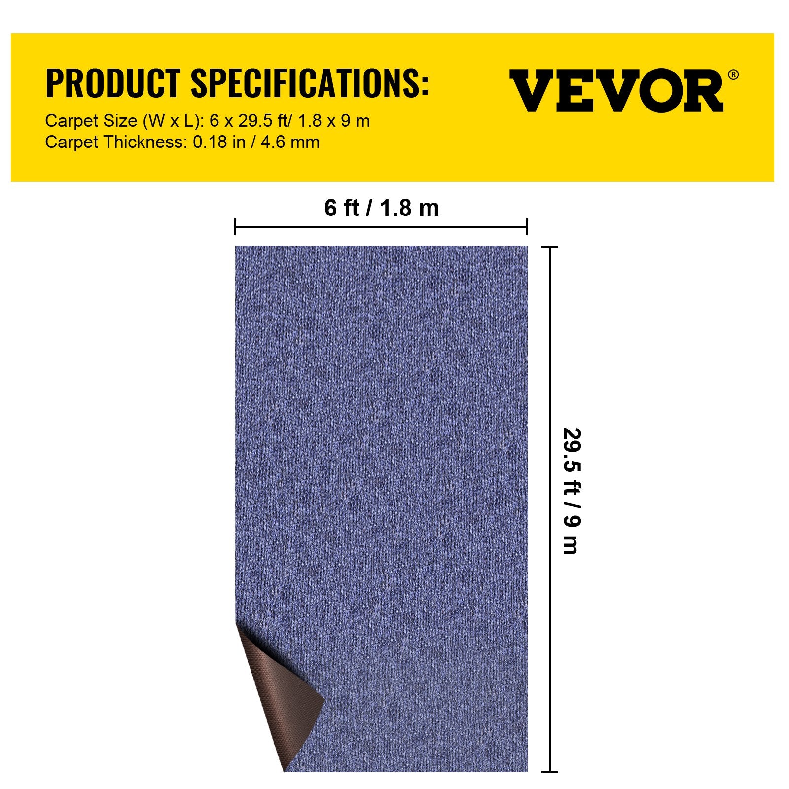 VEVOR Deep Blue Marine Carpet 6 ft x 29.5 ft Marine Carpeting Marine Grade Carpet for Boats with Waterproof Back Outdoor Rug for Patio Porch Deck Garage Outdoor Area Rug Runner Non-Slide Porch Rug, 1.8x9m