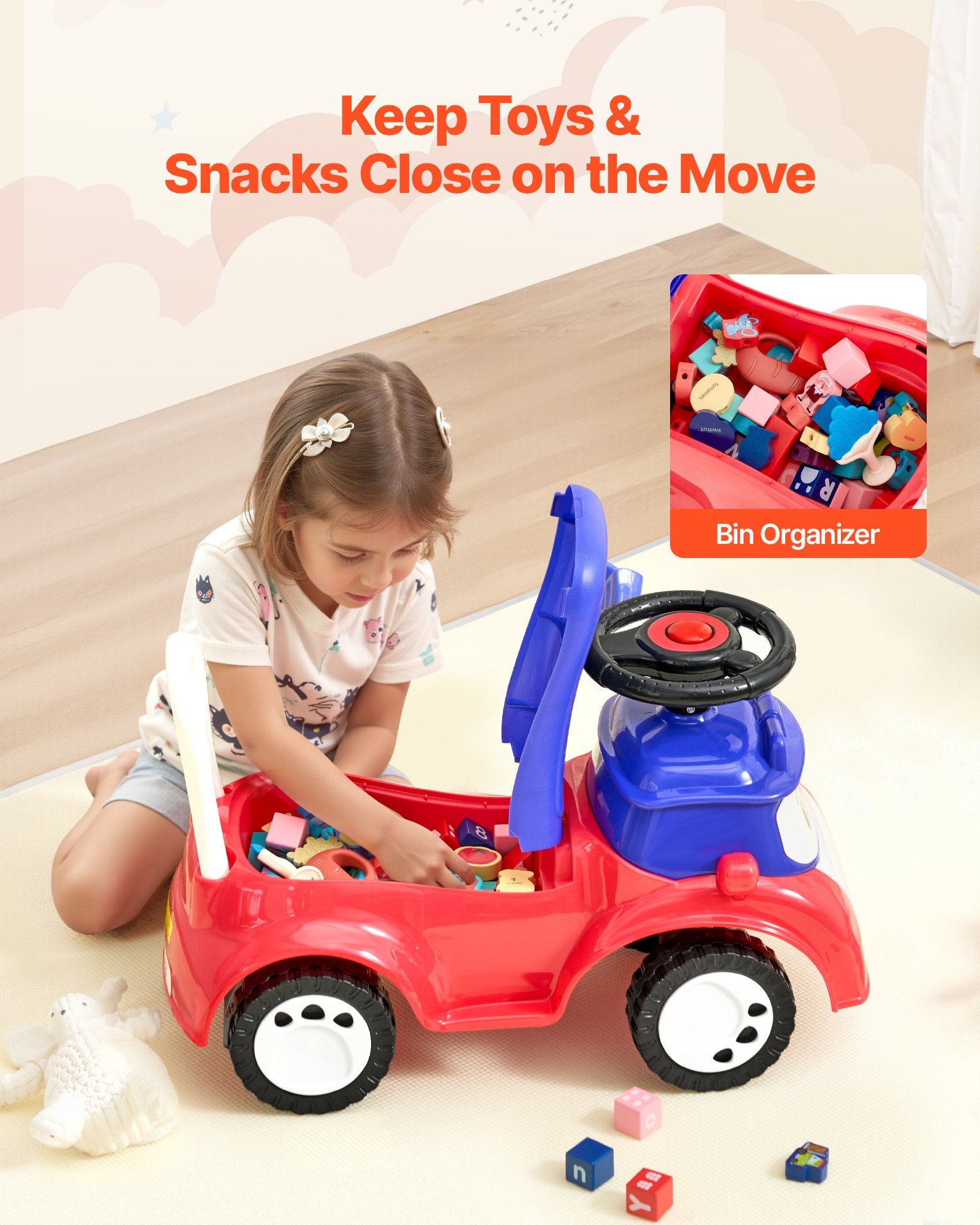 VEVOR Ride On Toddler Push Car, Push Car for Toddler 19 to 36 Months, Kids Ride On Toy with Music & Under-seat Storage, 25 kg Load Capacity, Foot-to-Floor Walker for Toddlers Boys Girls, Red