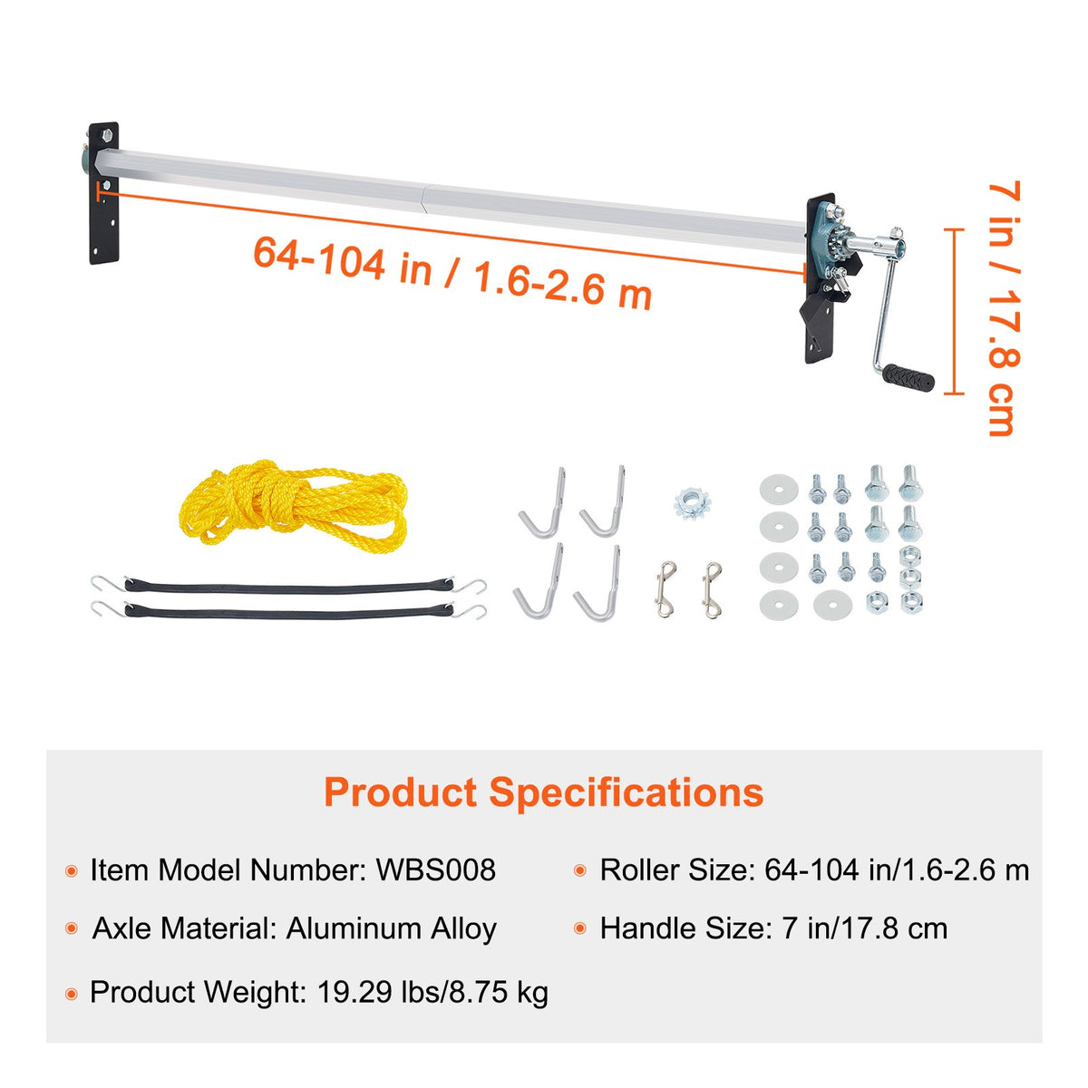 VEVOR Hand Crank Tarp Roller Kit, 1.6-2.6 m Wide, Aluminum Alloy, Manual Cab Level Dump Truck Tarp Roller with 17.8 cm Sponge-Wrapped Handle, Perfect for Dump Trucks, Trailers, Trash Haulers (No Tarp)