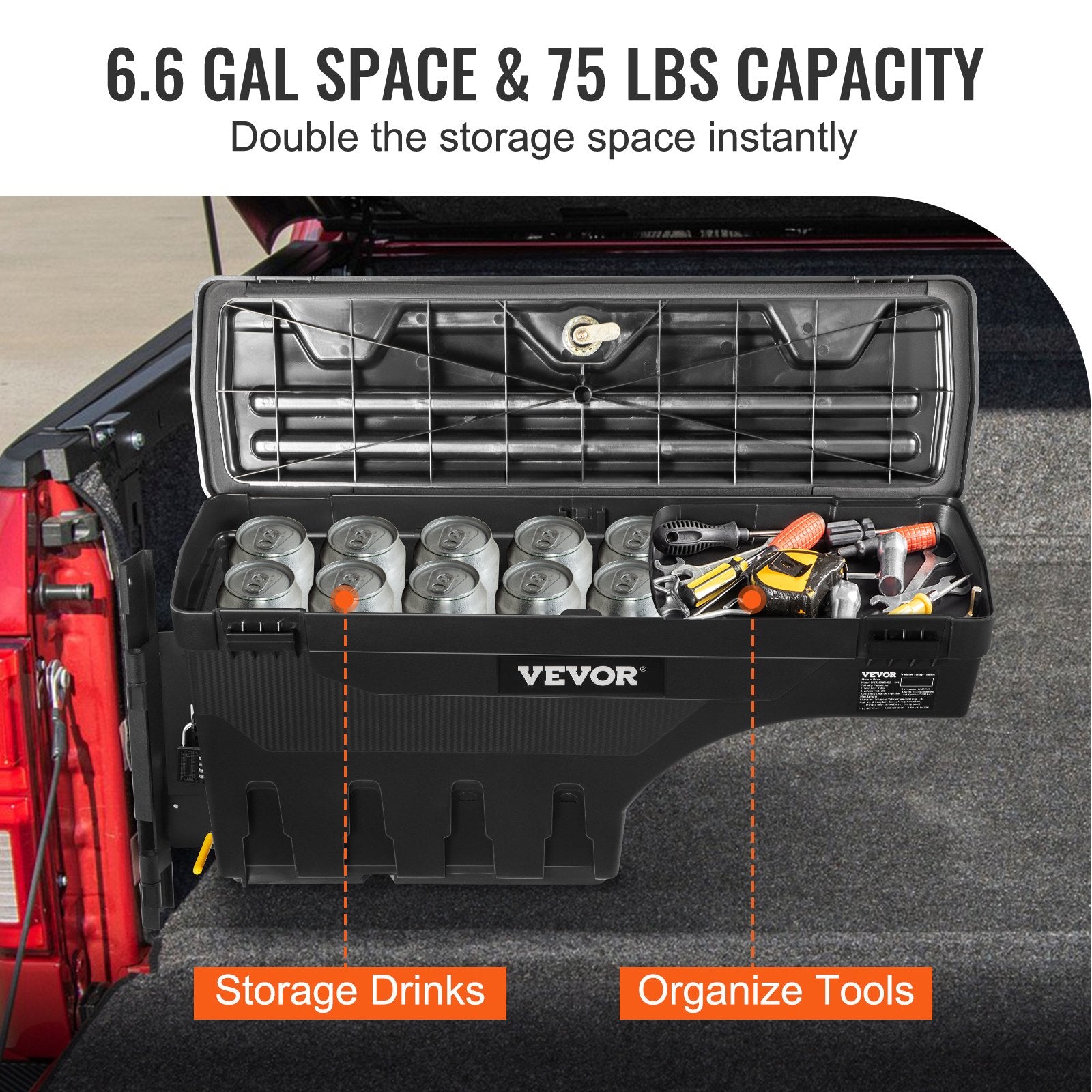 VEVOR Truck Bed Storage Box, Lockable Swing Case with Password Padlock, 6.6 Gal/25 L ABS Wheel Well Tool Box, Waterproof and Durable, Compatible with Ford F-150 2015-2021, Drivers Side