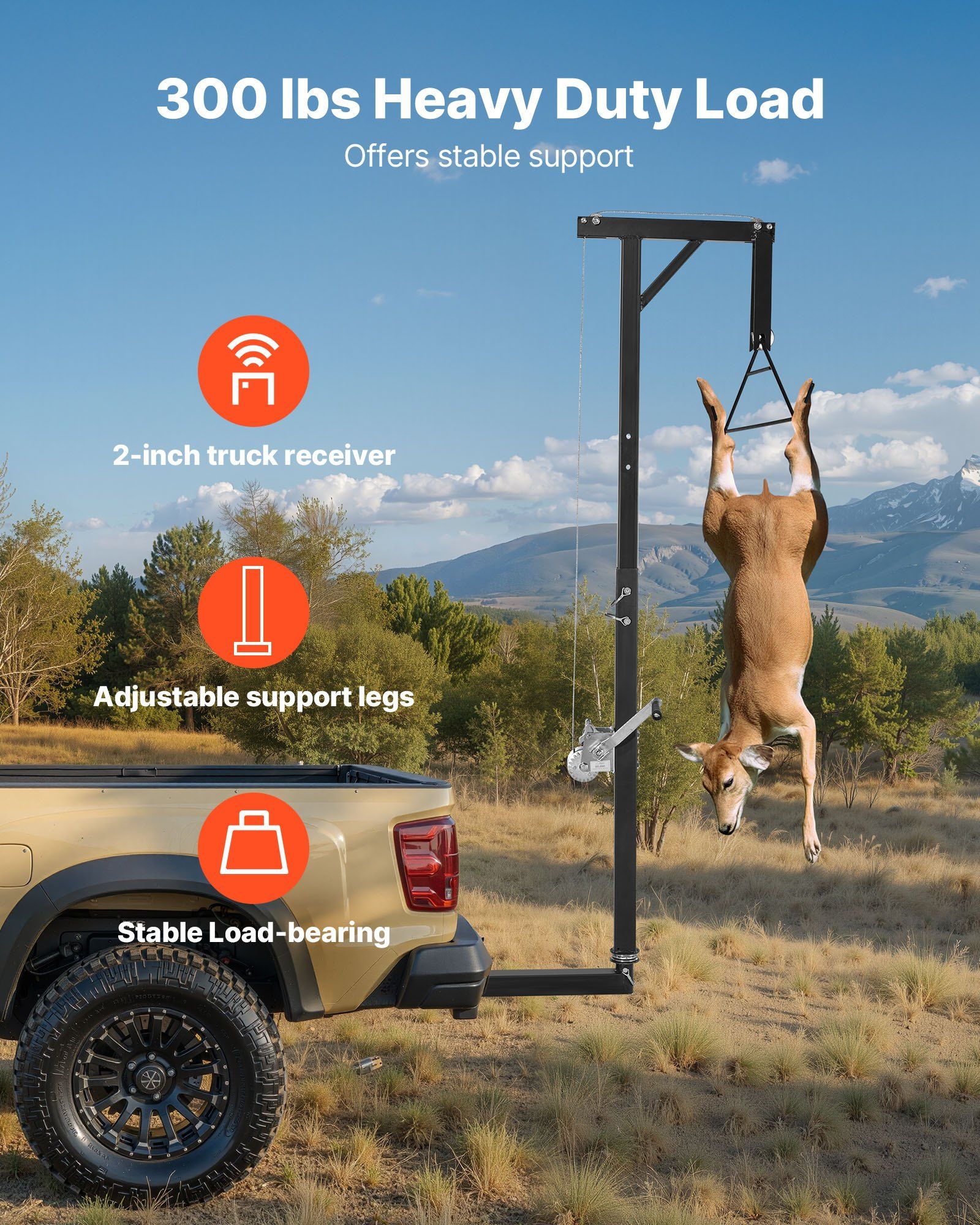 Truck Hitch Game Hoist, 300 lbs Load Capacity, Hunting Deer Hoist with 2-inch Receiver, 360-Degree Swivel Shaft & Adjustable Height, Includes Gambrel Winch for Skinning & Cleaning Game