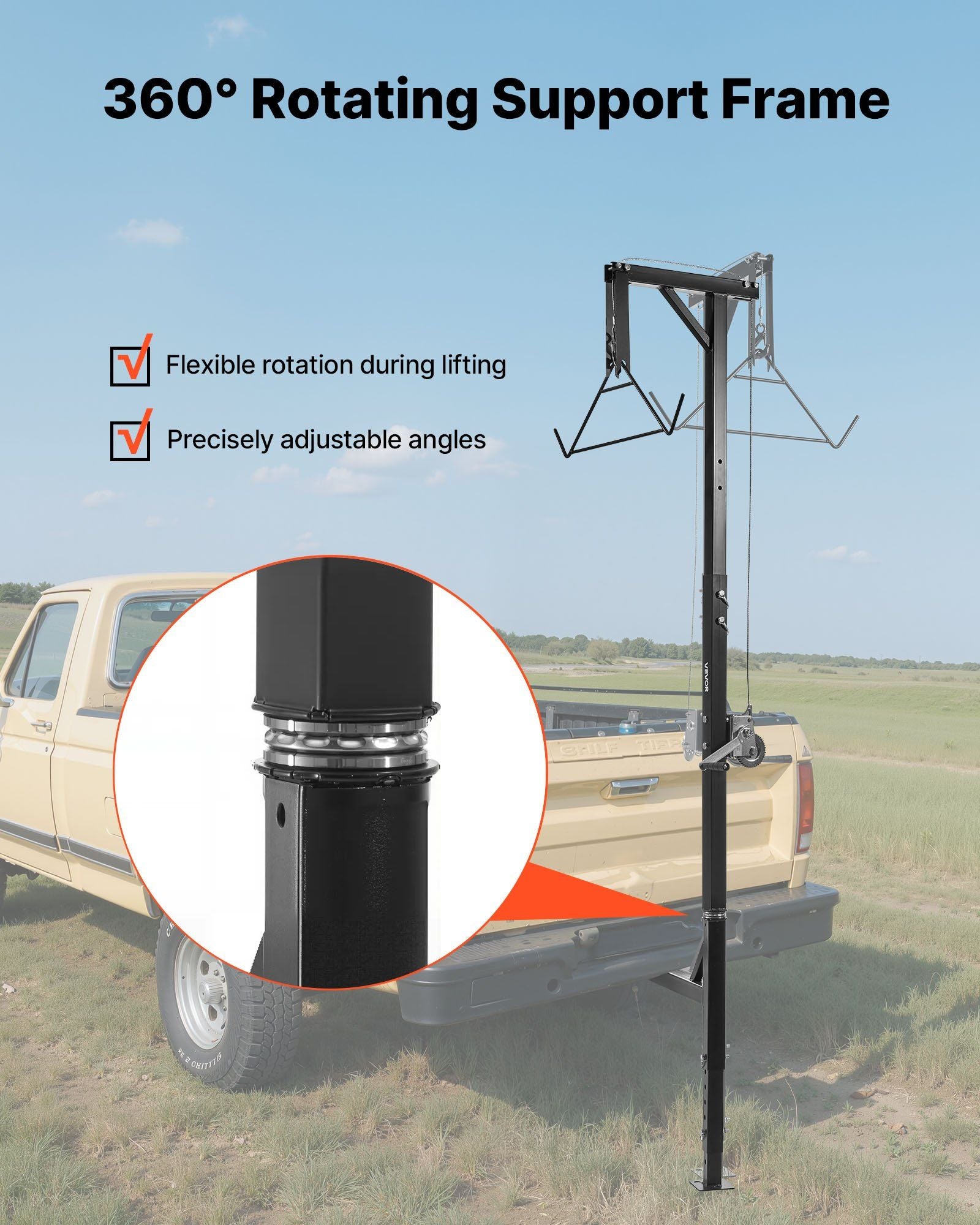 Truck Hitch Game Hoist, 400 lbs Load Capacity, Hunting Deer Hoist with 2-inch Receiver, 360-Degree Swivel Shaft & Adjustable Height, Includes Gambrel Winch for Skinning & Cleaning Game