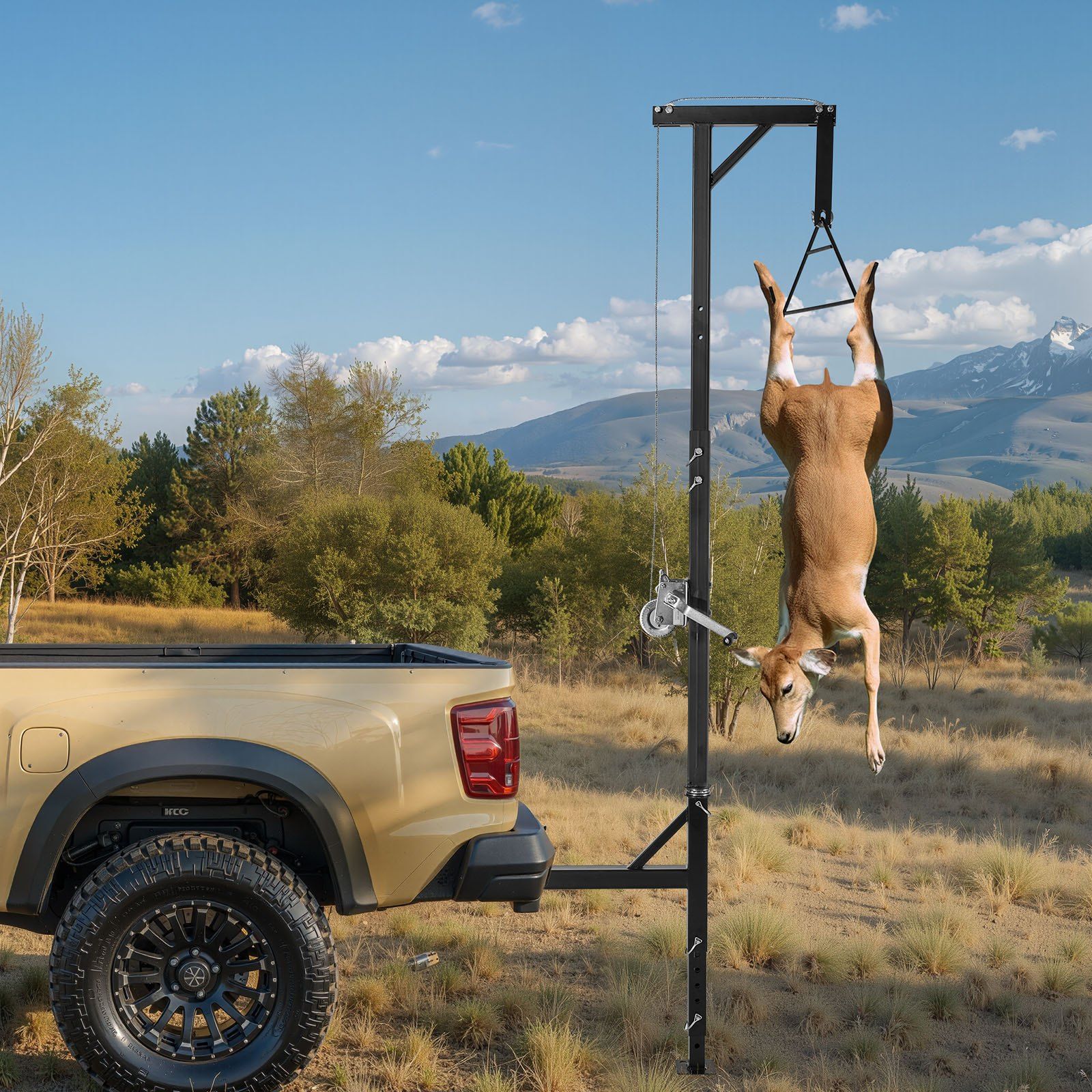Truck Hitch Game Hoist, 400 lbs Load Capacity, Hunting Deer Hoist with 2-inch Receiver, 360-Degree Swivel Shaft & Adjustable Height, Includes Gambrel Winch for Skinning & Cleaning Game