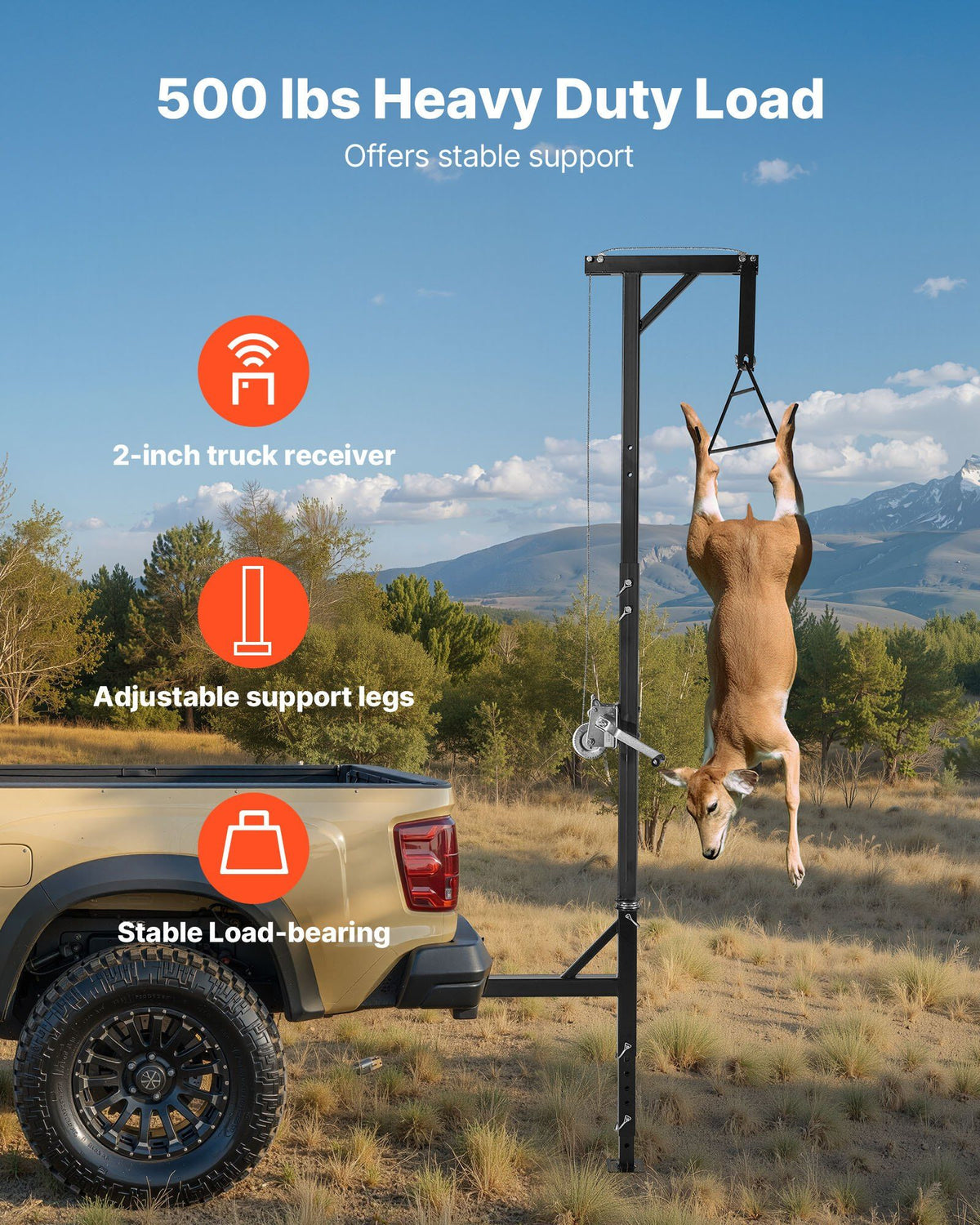 Truck Hitch Game Hoist, 500 lbs Load Capacity, Hunting Deer Hoist with 2-inch Receiver, 360-Degree Swivel Shaft & Adjustable Height, Includes Gambrel Winch for Skinning & Cleaning Game