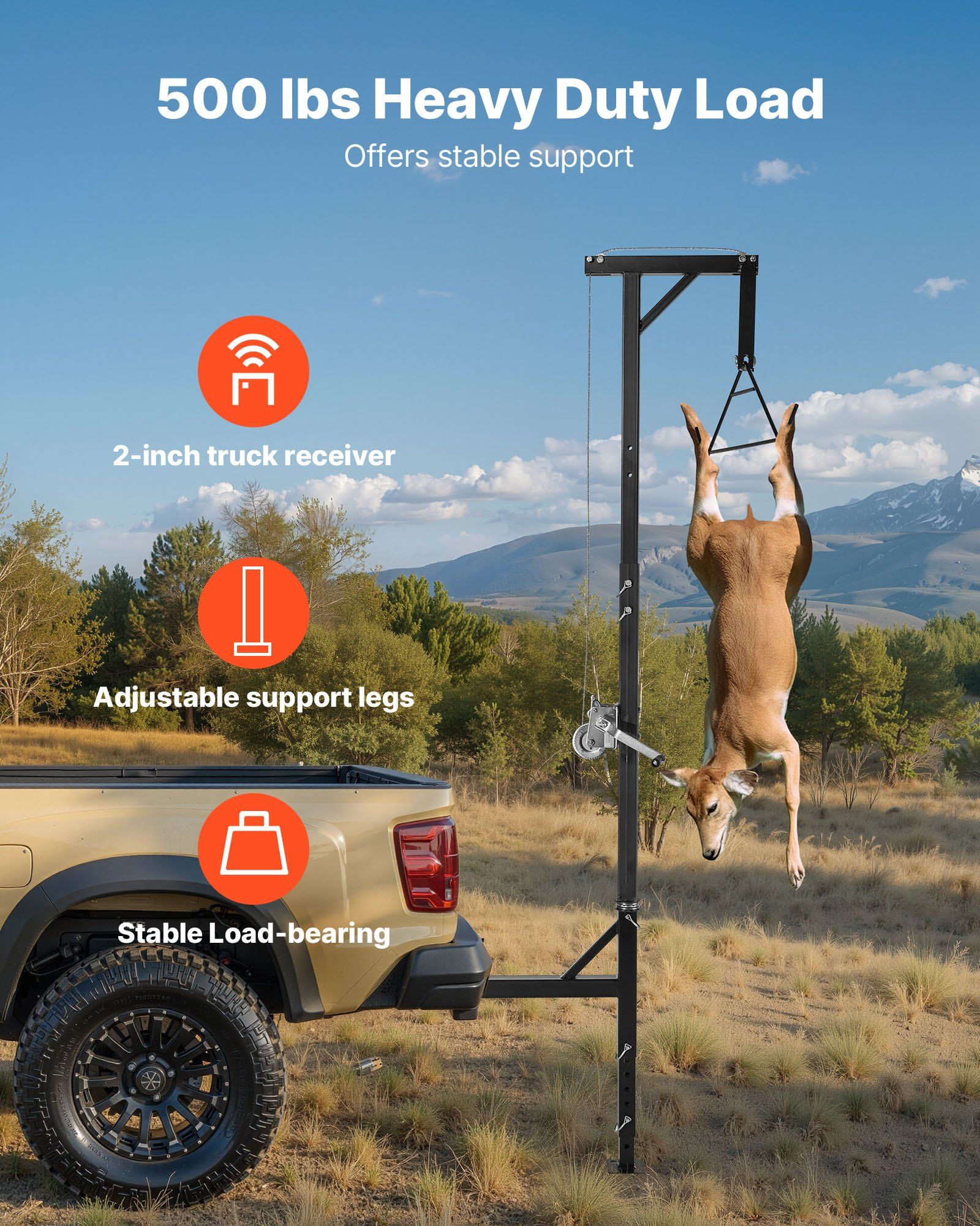 Truck Hitch Game Hoist, 500 lbs Load Capacity, Hunting Deer Hoist with 2-inch Receiver, 360-Degree Swivel Shaft & Adjustable Height, Includes Gambrel Winch for Skinning & Cleaning Game