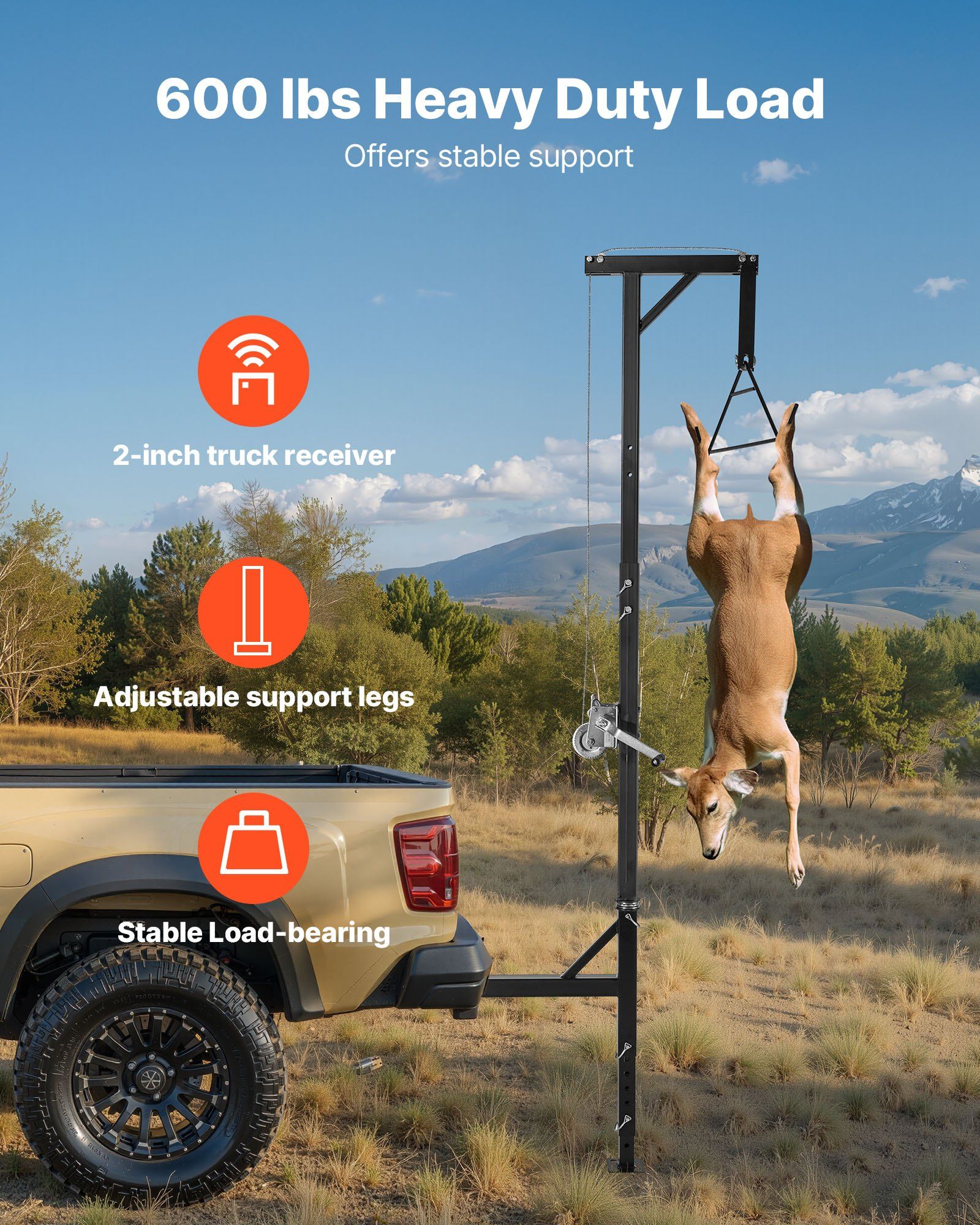 Truck Hitch Game Hoist, 600 lbs Load Capacity, Hunting Deer Hoist with 2-inch Receiver, 360-Degree Swivel Shaft & Adjustable Height, Includes Gambrel Winch for Skinning & Cleaning Game