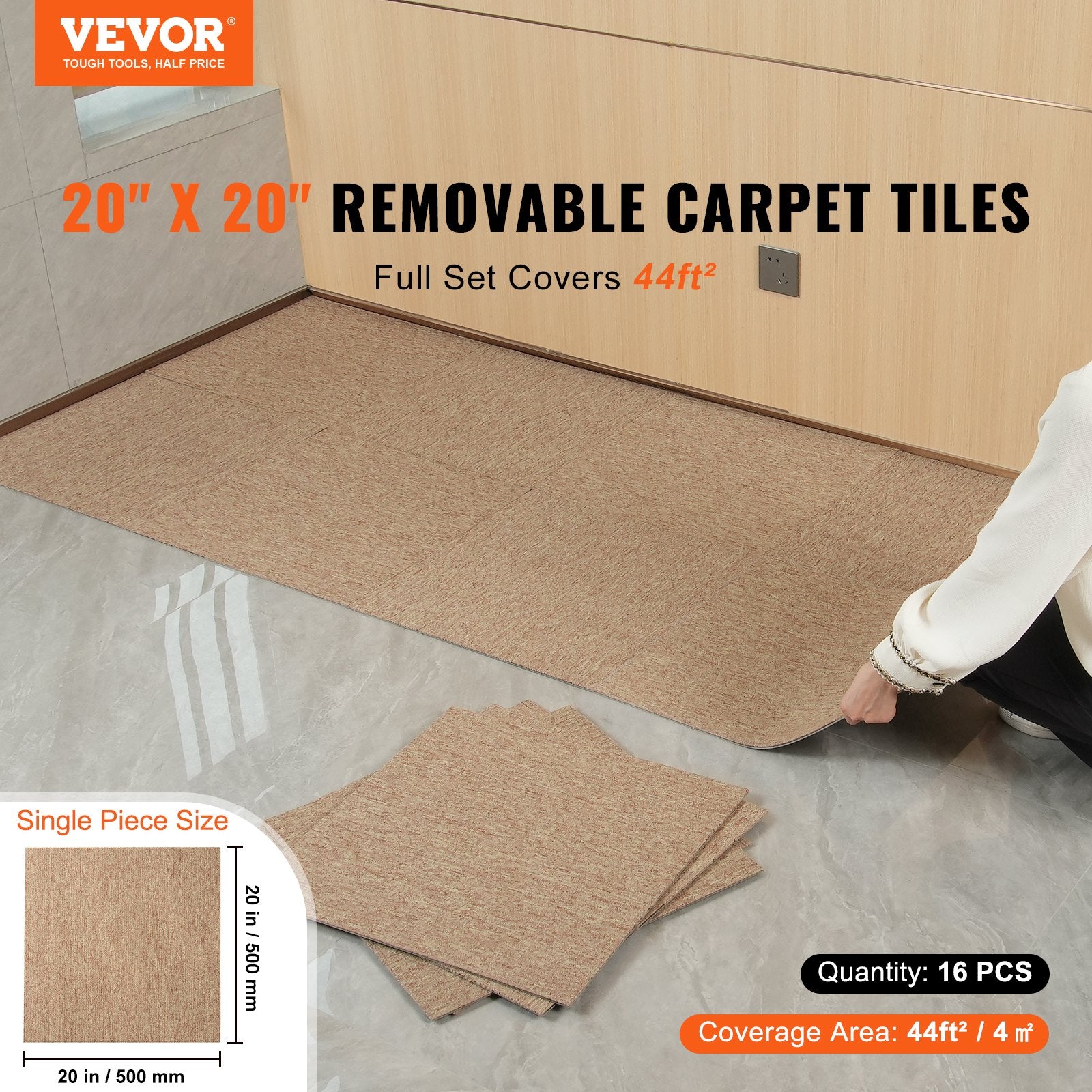 VEVOR Carpet Tiles Reusable, 20"x 20" Carpet Squares With Padding Attached, Soft Padded Carpet Tiles, Easy Install DIY for Bedroom Living Room Indoor Outdoor (16 Tiles, Dark Brown)