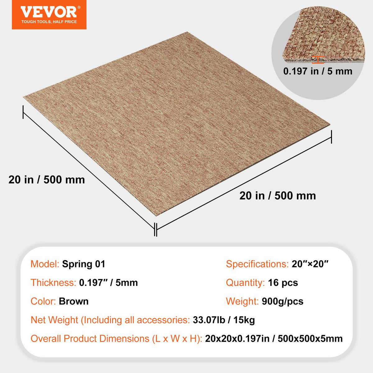 VEVOR Carpet Tiles Reusable, 20"x 20" Carpet Squares With Padding Attached, Soft Padded Carpet Tiles, Easy Install DIY for Bedroom Living Room Indoor Outdoor (16 Tiles, Dark Brown)