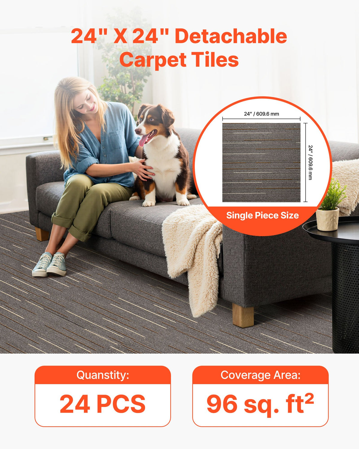 VEVOR Carpet Tiles Reusable 610x610 mm, 24 PCS Modular Carpet Square Rug, Commercial Floor Soft Padded for Seamless Cover 8.9㎡, Easy DIY Replacement for Living Room Bedroom Office Indoor, Dark Brown