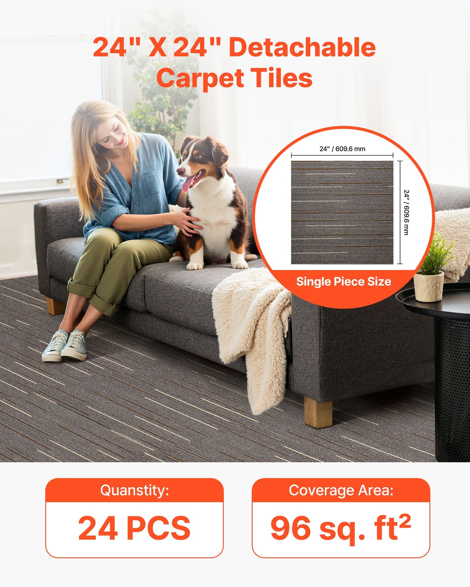 VEVOR Carpet Tiles Reusable 610x610 mm, 24 PCS Modular Carpet Square Rug, Commercial Floor Soft Padded for Seamless Cover 8.9㎡, Easy DIY Replacement for Living Room Bedroom Office Indoor, Dark Brown