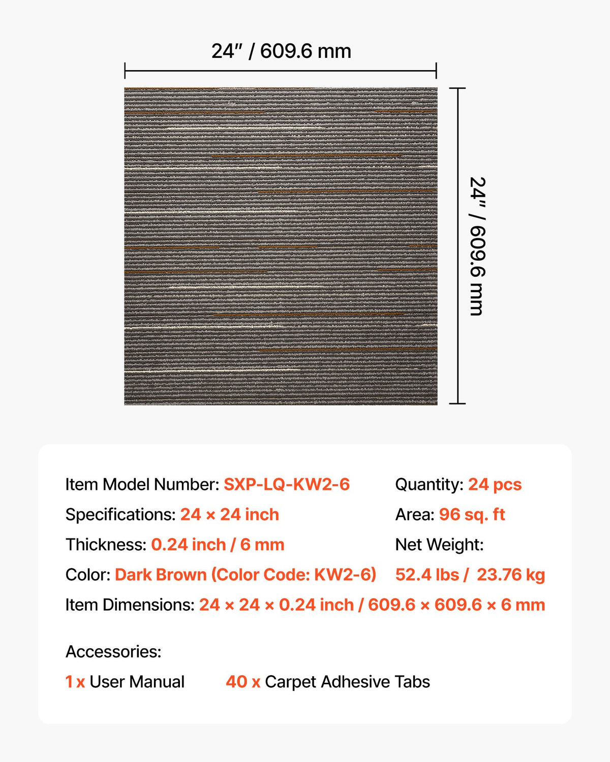 VEVOR Carpet Tiles Reusable 610x610 mm, 24 PCS Modular Carpet Square Rug, Commercial Floor Soft Padded for Seamless Cover 8.9㎡, Easy DIY Replacement for Living Room Bedroom Office Indoor, Dark Brown