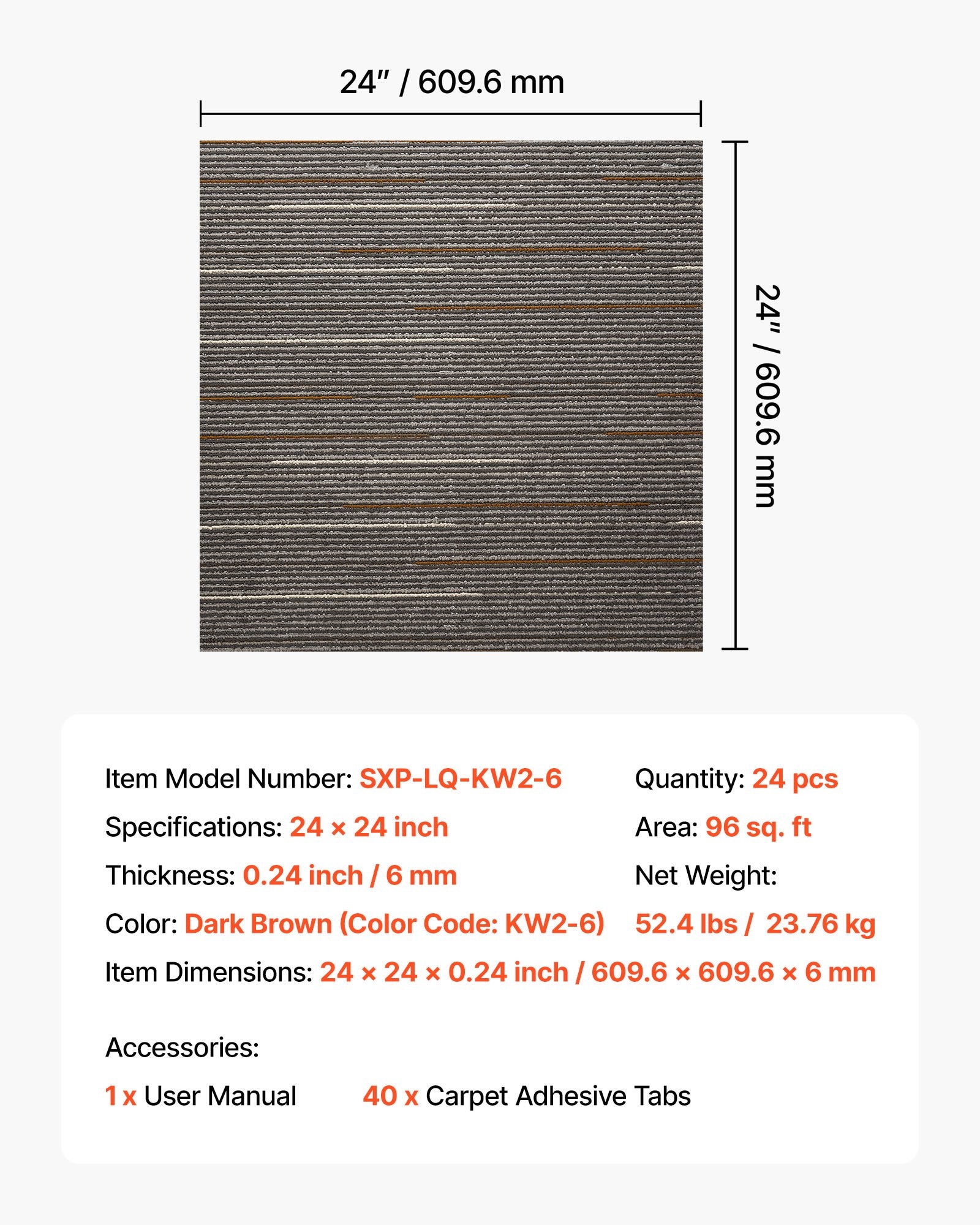 VEVOR Carpet Tiles Reusable 610x610 mm, 24 PCS Modular Carpet Square Rug, Commercial Floor Soft Padded for Seamless Cover 8.9㎡, Easy DIY Replacement for Living Room Bedroom Office Indoor, Dark Brown