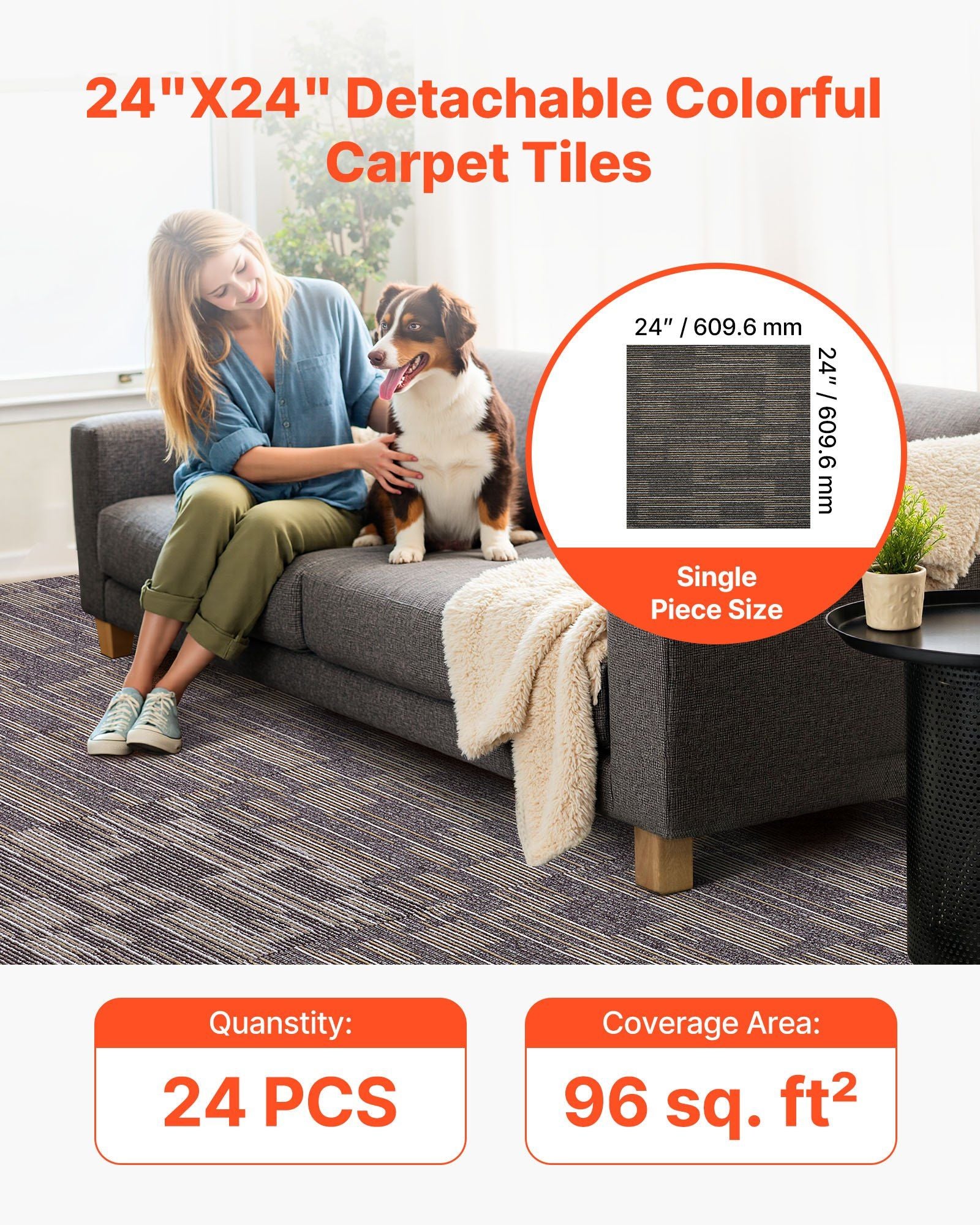 Carpet Tiles Reusable 610x610 mm, 24 PCS Modular Carpet Square Rug, Commercial Floor Soft Padded for Seamless Cover 8.9㎡, Easy DIY Replacement for Living Room Bedroom Indoor, Gray & Brown