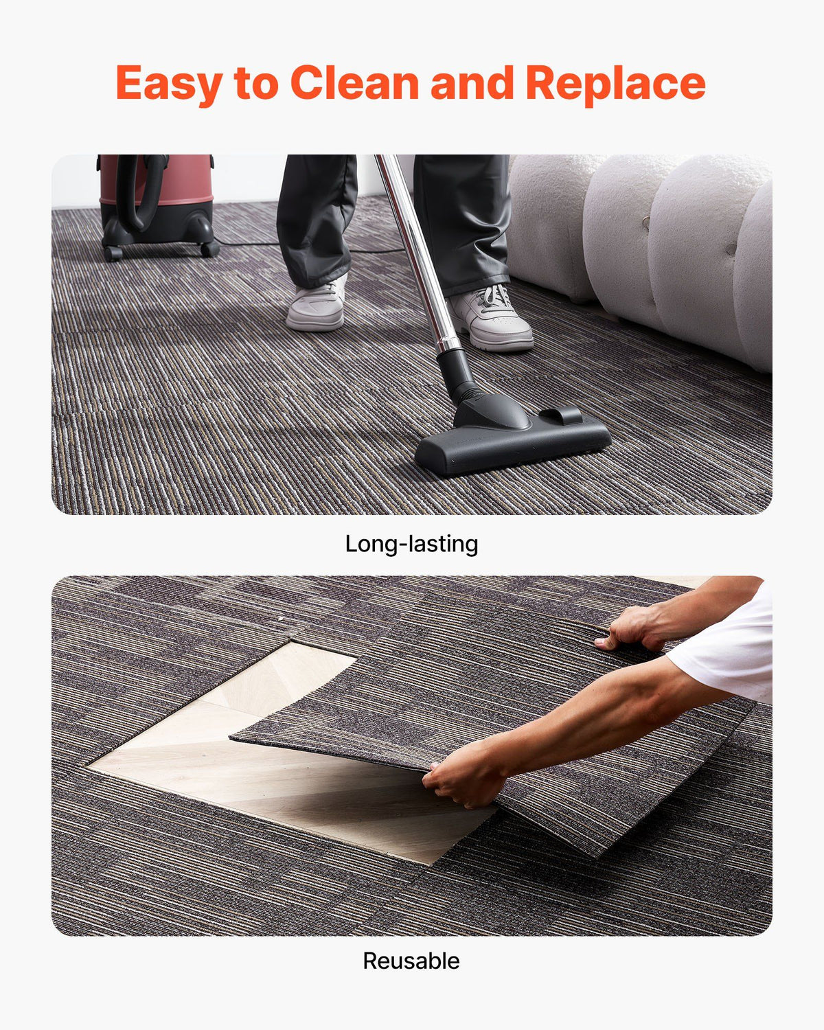 Carpet Tiles Reusable 610x610 mm, 24 PCS Modular Carpet Square Rug, Commercial Floor Soft Padded for Seamless Cover 8.9㎡, Easy DIY Replacement for Living Room Bedroom Indoor, Gray & Brown