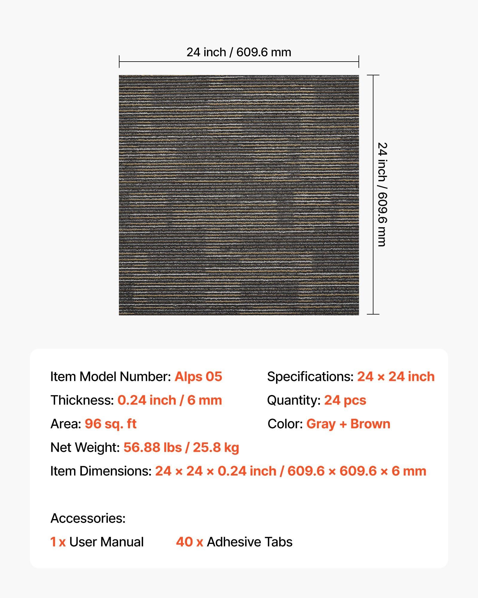 Carpet Tiles Reusable 610x610 mm, 24 PCS Modular Carpet Square Rug, Commercial Floor Soft Padded for Seamless Cover 8.9㎡, Easy DIY Replacement for Living Room Bedroom Indoor, Gray & Brown