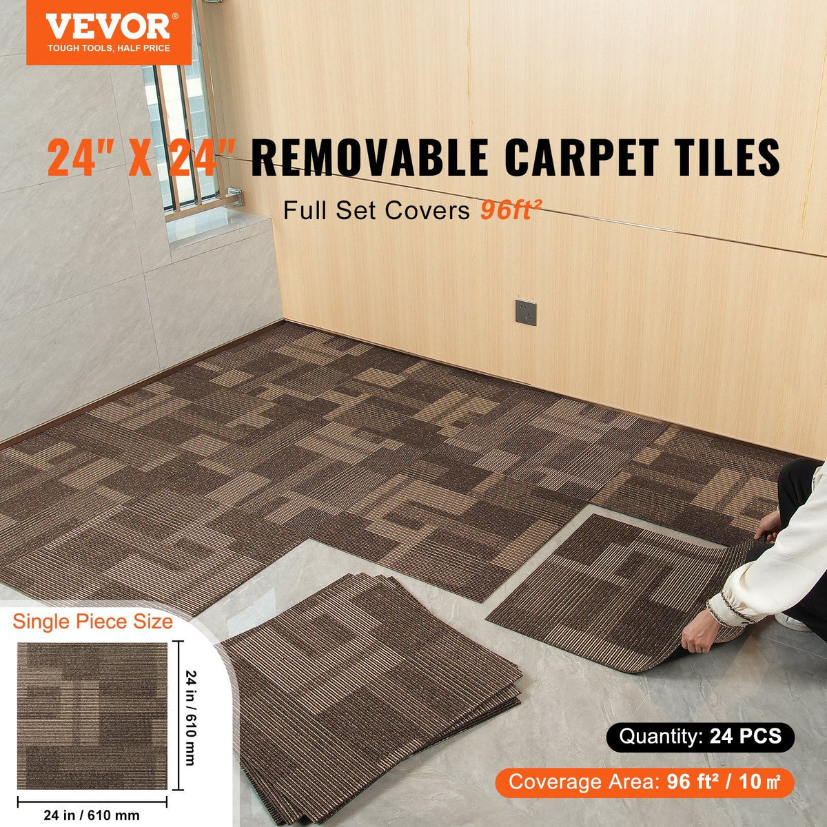 Carpet Tiles Reusable, 24"x 24"Carpet Squares With Padding Attached, Soft Padded Carpet Tiles, Easy Install DIY for Bedroom Living Room (24Tiles, Mixed Brown)