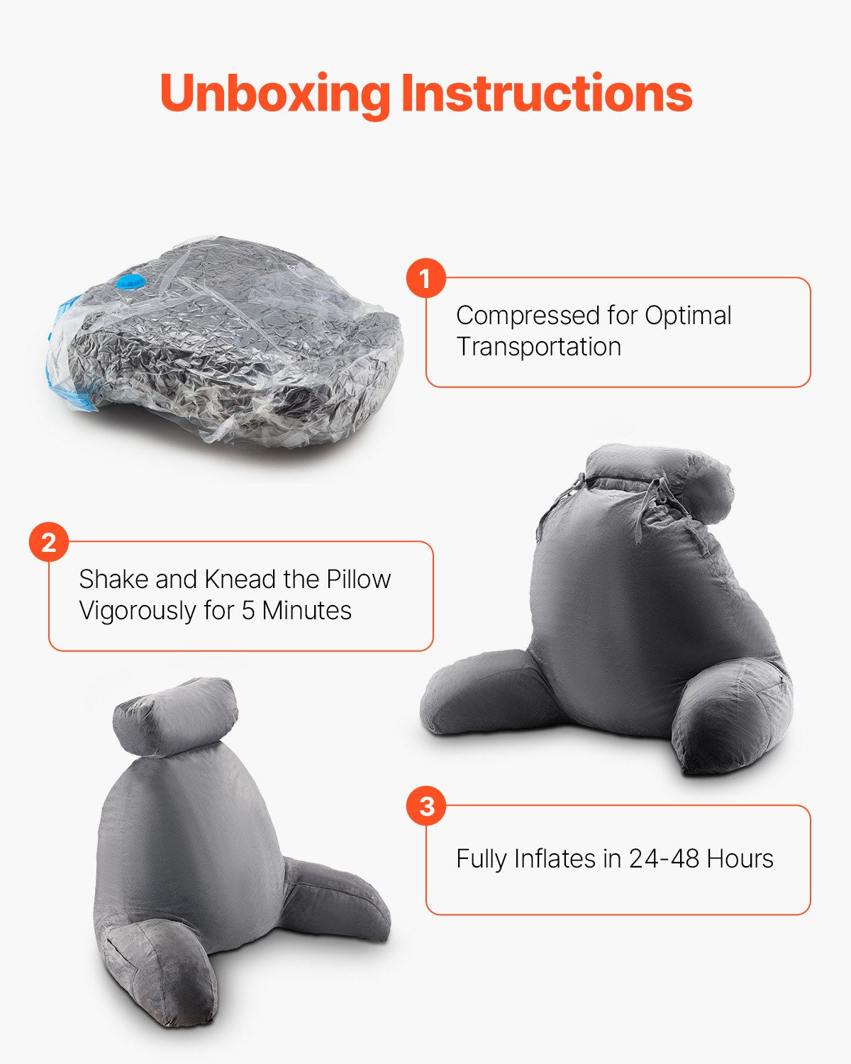 VEVOR Reading Pillow, Large Bed Pillow with Removable Headrest, Back Pillow with 3 Pockets, Shredded Memory Foam and Washable Short Velvet Cloth, Side with Handles for Reading, Gaming, Resting, Grey