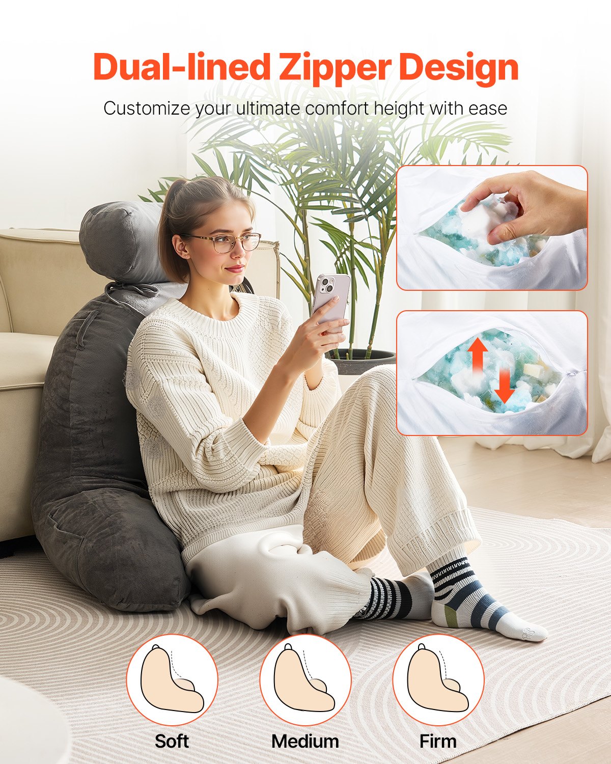 VEVOR Reading Pillow, Large Bed Pillow with Removable Headrest, Back Pillow with 3 Pockets, Shredded Memory Foam and Washable Short Velvet Cloth, Side with Handles for Reading, Gaming, Resting, Grey