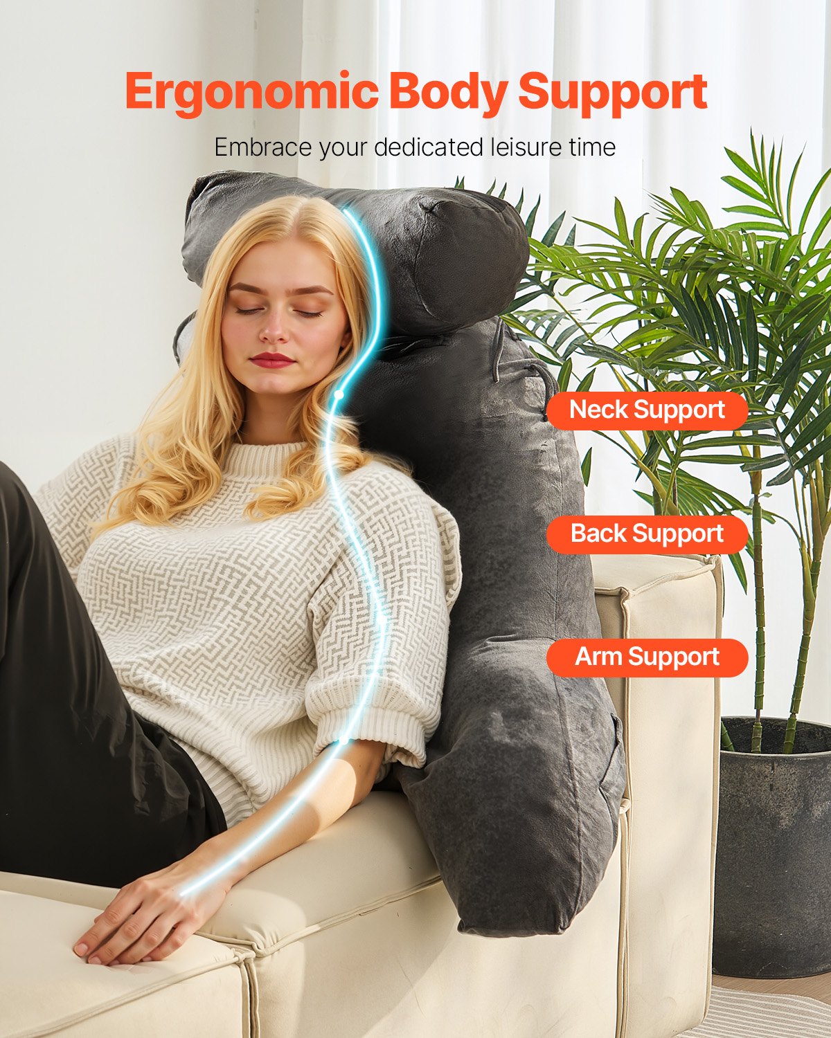 VEVOR Reading Pillow, Large Bed Pillow with Removable Headrest, Back Pillow with 3 Pockets, Shredded Memory Foam and Washable Short Velvet Cloth, Side with Handles for Reading, Gaming, Resting, Grey