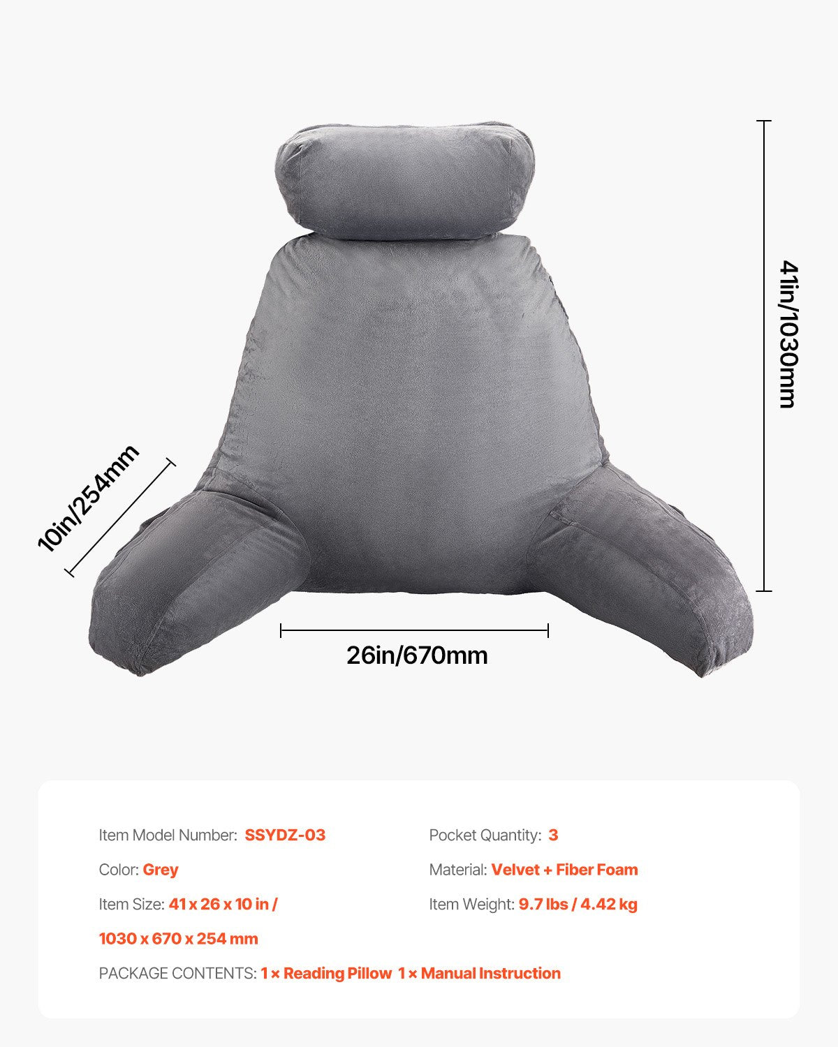 VEVOR Reading Pillow, Large Bed Pillow with Removable Headrest, Back Pillow with 3 Pockets, Shredded Memory Foam and Washable Short Velvet Cloth, Side with Handles for Reading, Gaming, Resting, Grey