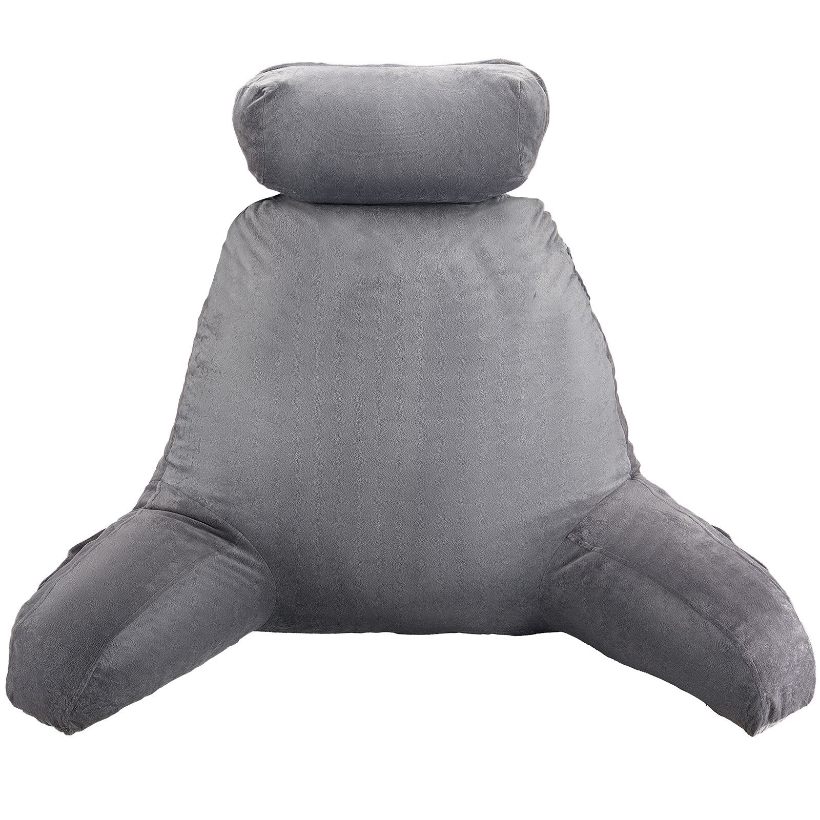 VEVOR Reading Pillow, Large Bed Pillow with Removable Headrest, Back Pillow with 3 Pockets, Shredded Memory Foam and Washable Short Velvet Cloth, Side with Handles for Reading, Gaming, Resting, Grey