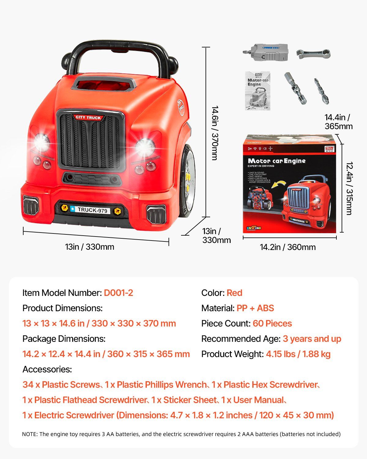 Engine Toy, 60 Pieces, Kids Mechanic Car Repair Set with Removable Parts, Lights and Sounds, Steering Wheel and Horn, Kids Mechanic Workshop Set for Toddler Ages 3 Years and Up, Red