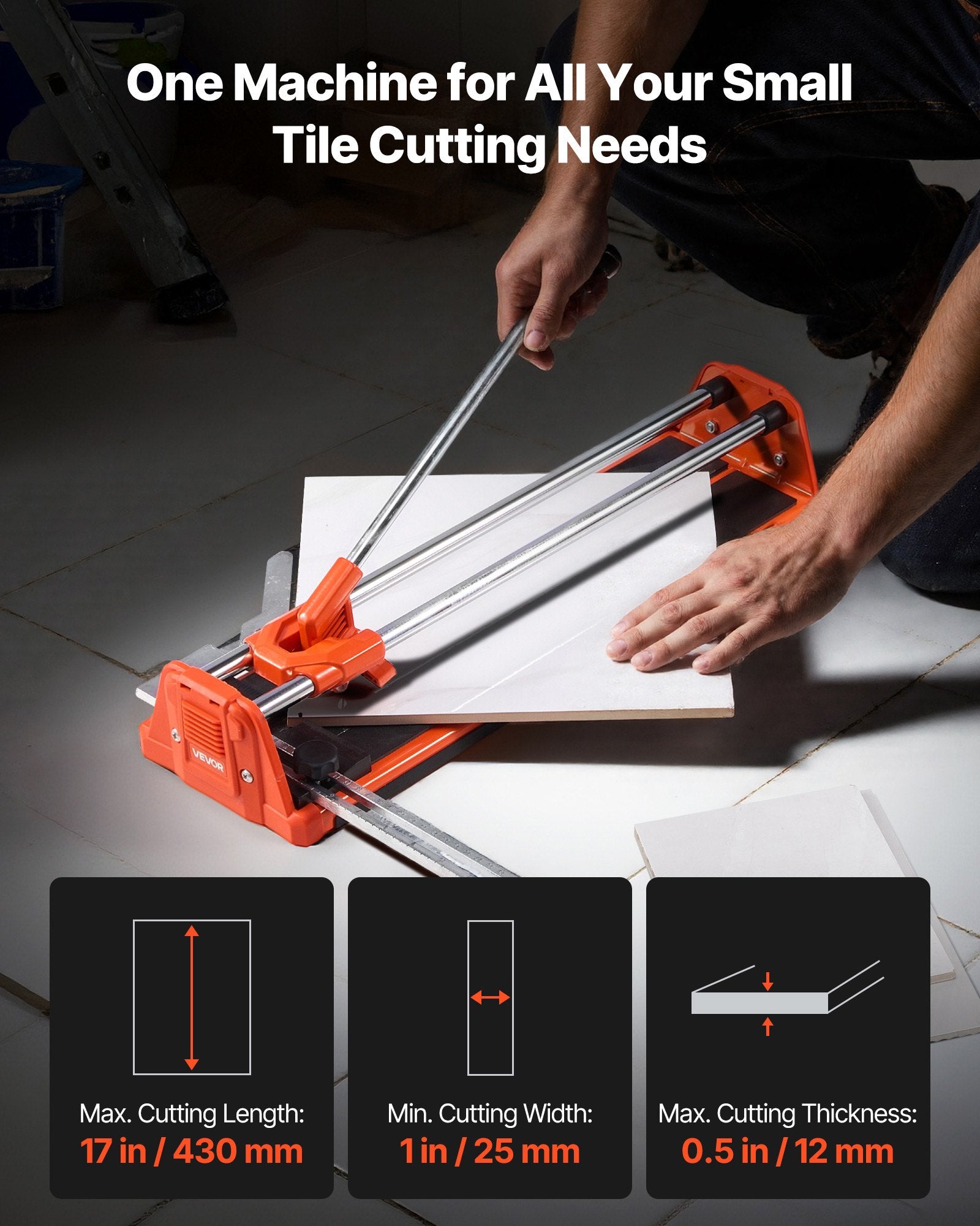 VEVOR 430mm Manual Tile Cutter for Wall & Polished Tiles,Double Rails for Precise Cutting, Tungsten Carbide Wheel,Non-Slip Handle,Anti-Displacement Pressure Rod,Precise Cuts for Pros & Beginners