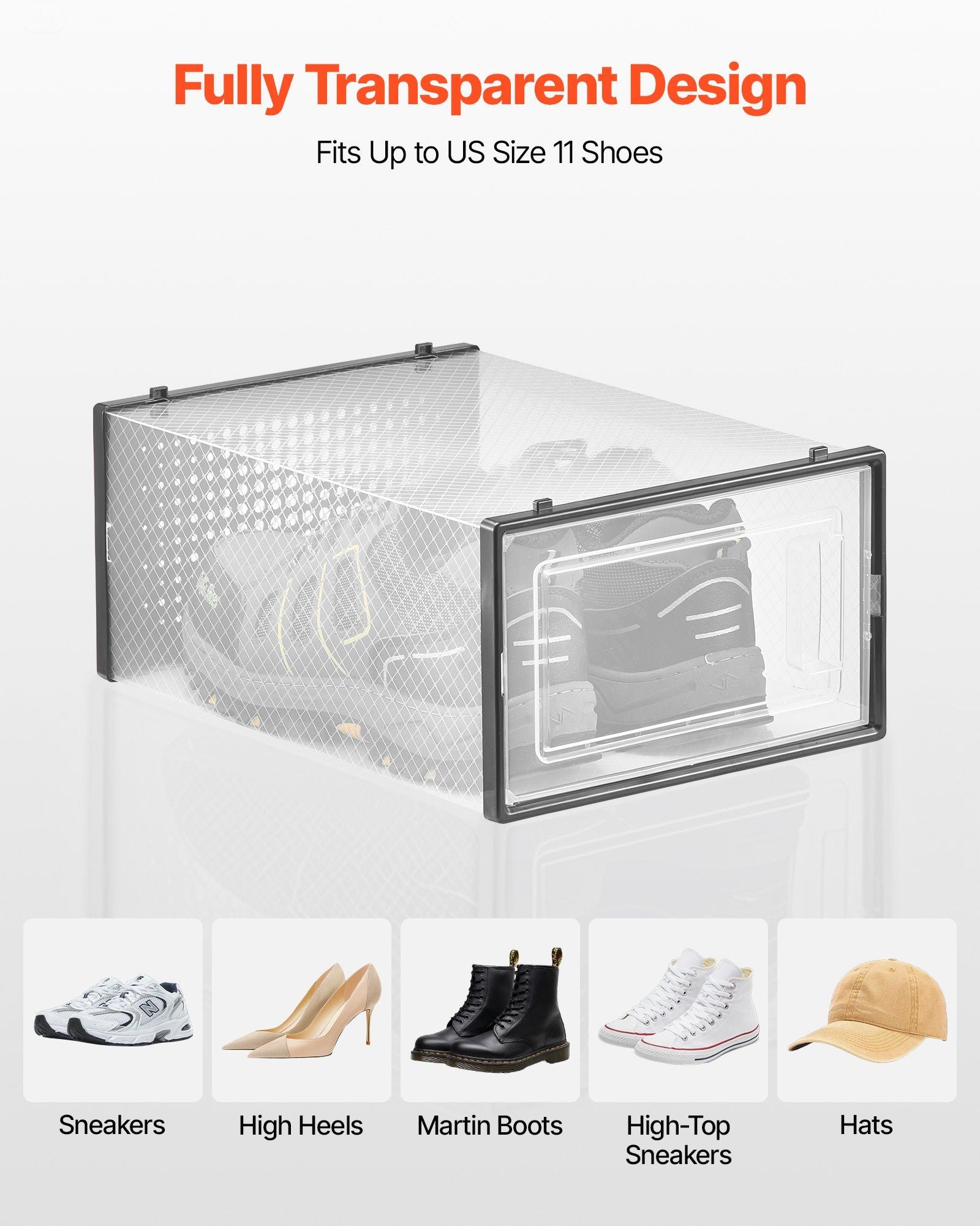 Shoe Storage Boxes, 12 Pack Stackable Shoe Boxes Storage Organizers, Fit up to US Size 11, Plastic Modular Space Saving Sneaker Containers for Storing High Heels, Boots, and Hats, Black Frame