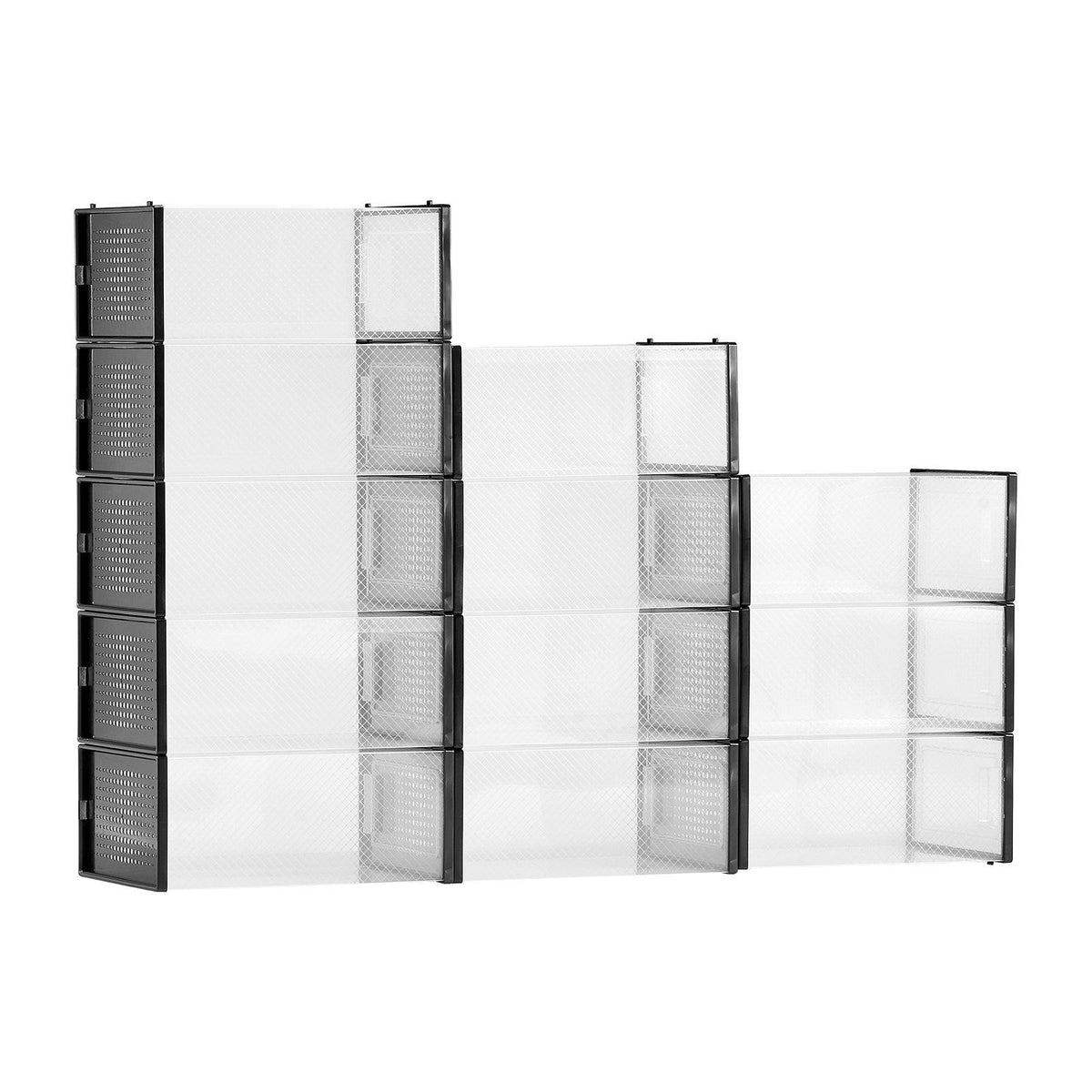 Shoe Storage Boxes, 12 Pack Stackable Shoe Boxes Storage Organizers, Fit up to US Size 11, Plastic Modular Space Saving Sneaker Containers for Storing High Heels, Boots, and Hats, Black Frame
