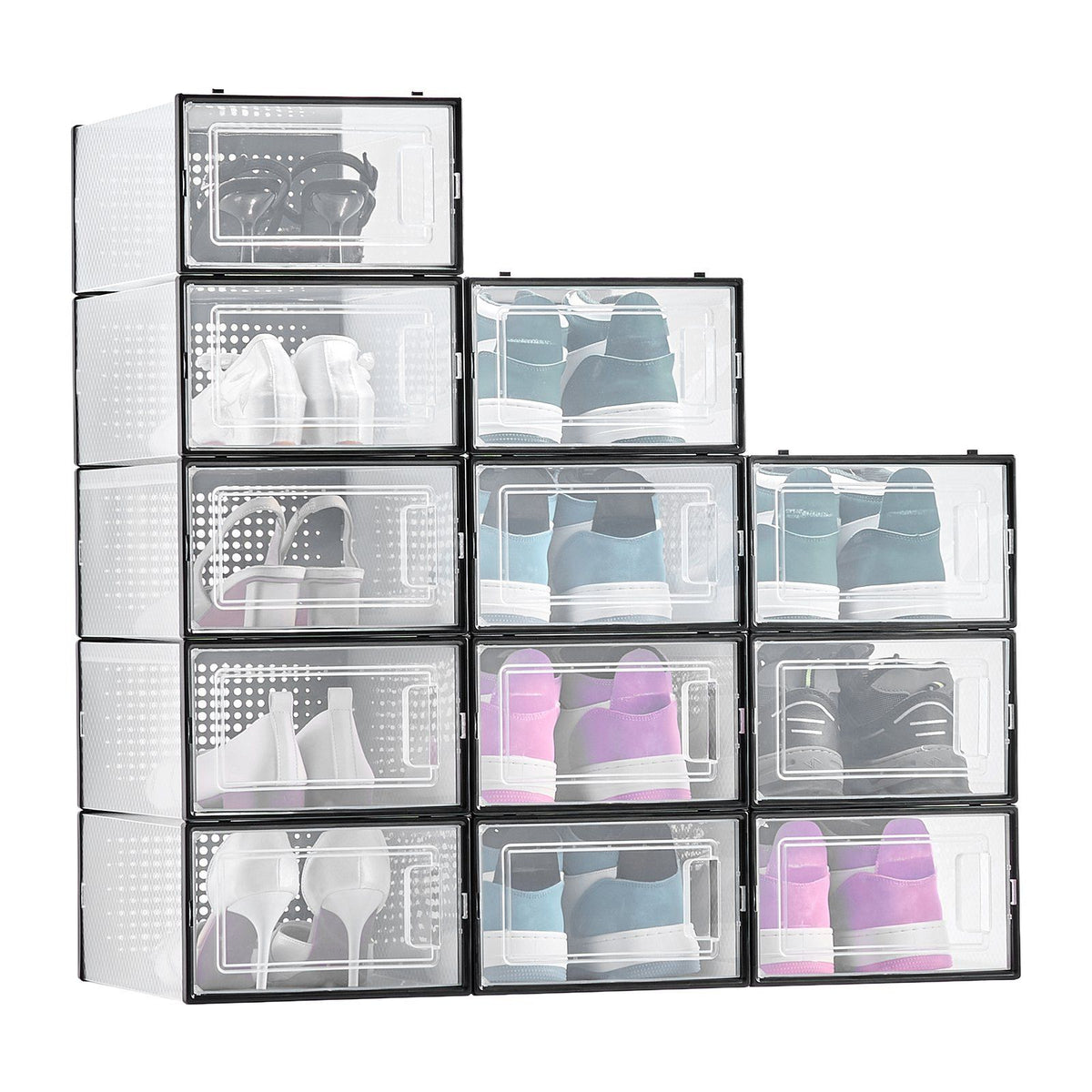 Shoe Storage Boxes, 12 Pack Stackable Shoe Boxes Storage Organizers, Fit up to US Size 11, Plastic Modular Space Saving Sneaker Containers for Storing High Heels, Boots, and Hats, Black Frame