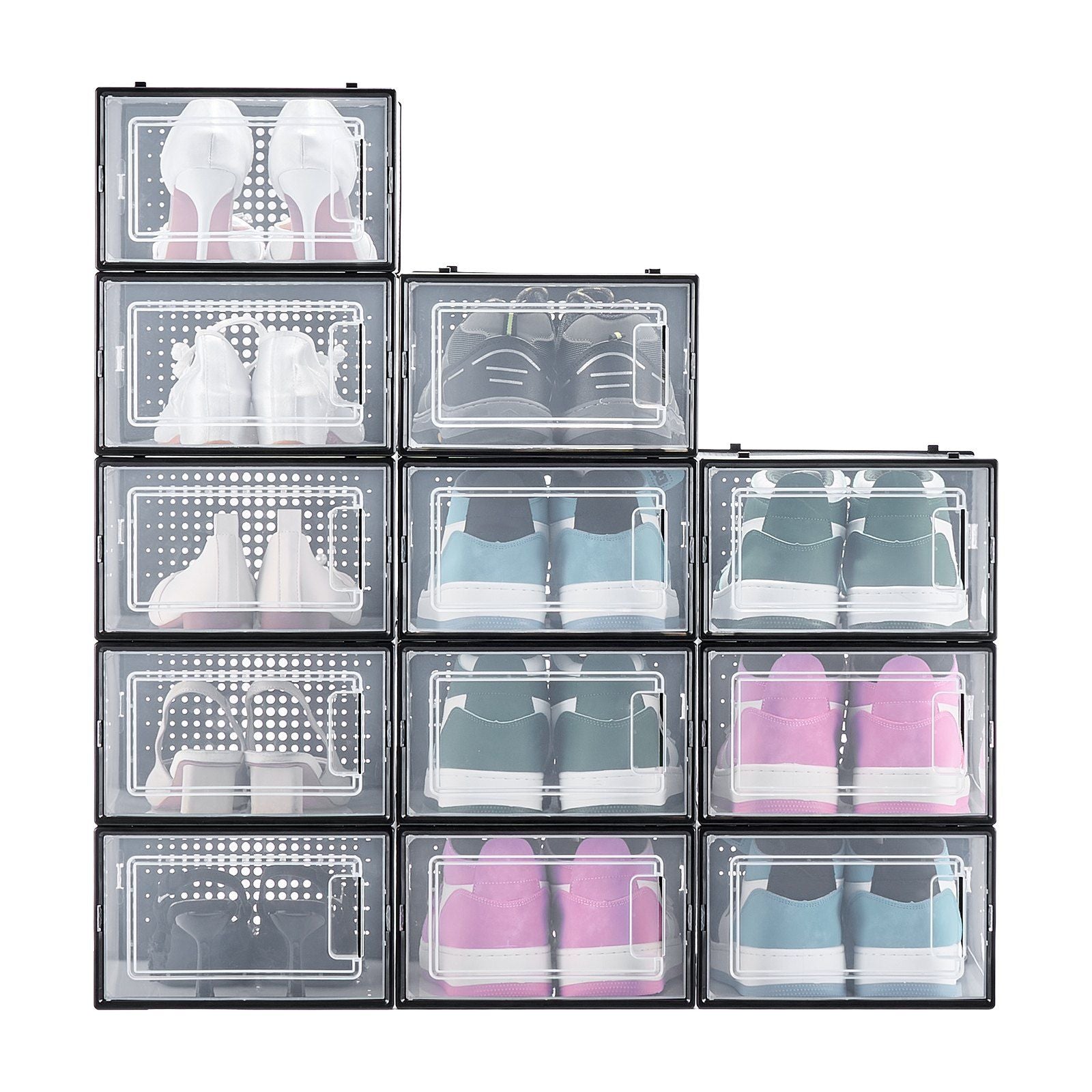 Shoe Storage Boxes, 12 Pack Stackable Shoe Boxes Storage Organizers, Fit up to US Size 11, Plastic Modular Space Saving Sneaker Containers for Storing High Heels, Boots, and Hats, Black Frame