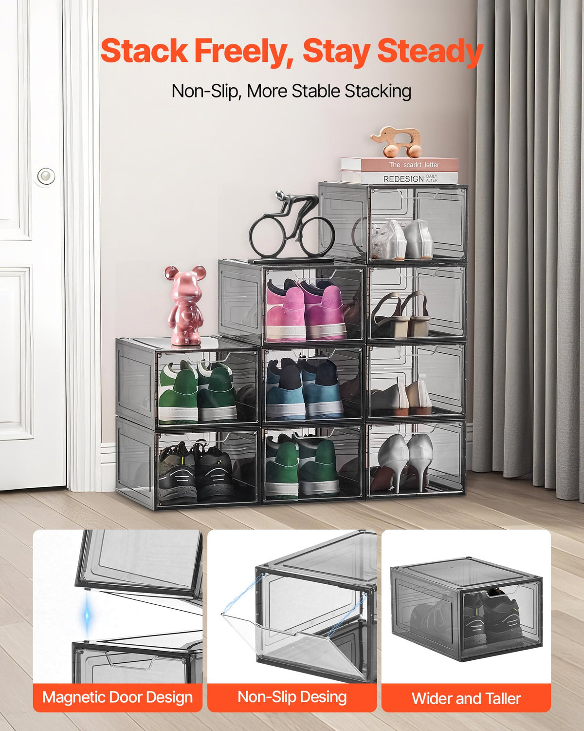 VEVOR Shoe Storage Boxes, 9 Pack Clear Stackable Shoe Boxes Storage Organizers with Magnetic Door, Fit up to US Size 13, Plastic Sneaker Containers for High Heels, Boots, and Hats, Transparent Black