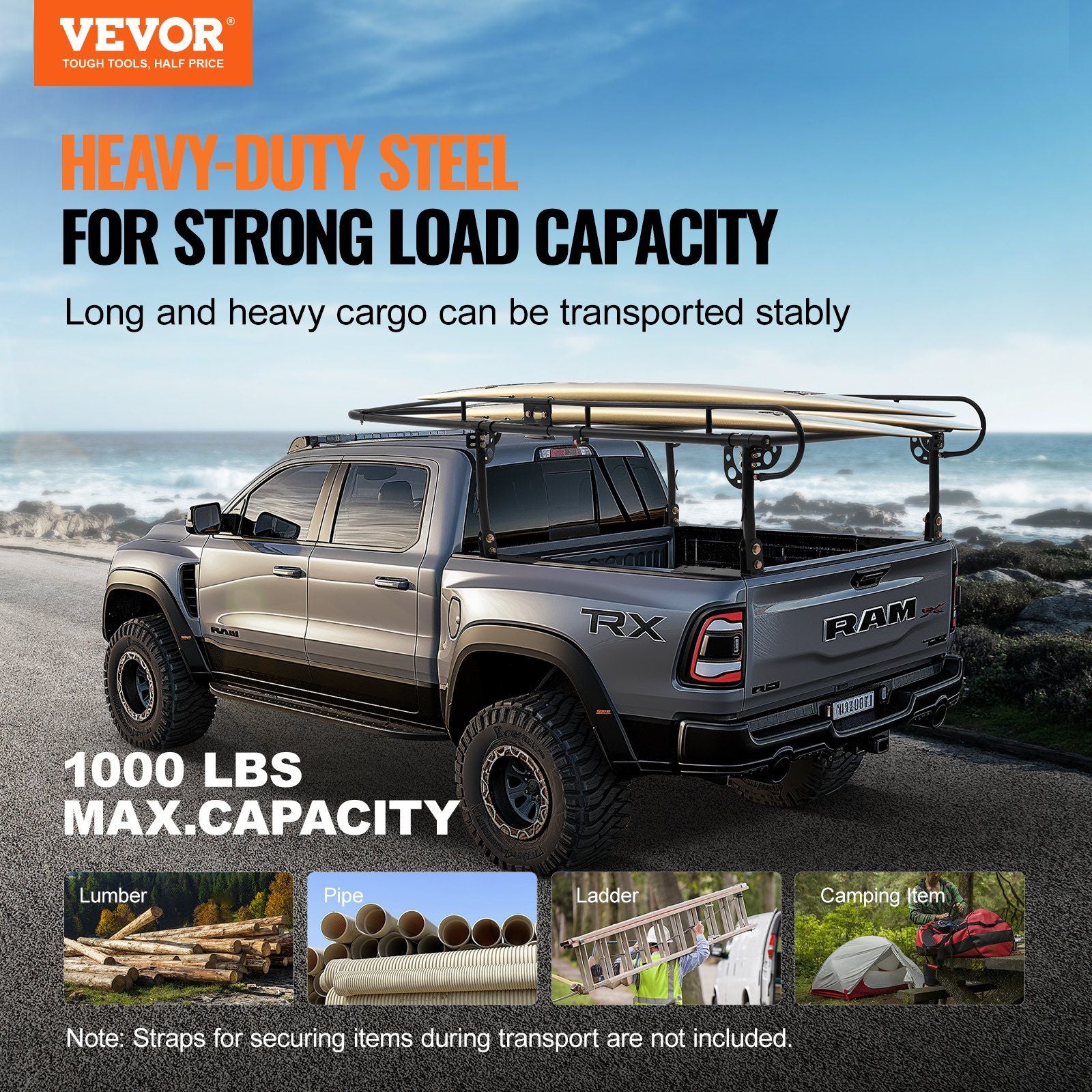 Truck Ladder Rack, 1000 LBS / 454 KG Strong Capacity Truck Racks, Non-Drilling / Drilling Installation for Long or Heavy Cargo, 43.3-63 inch Adjustable Width for Kayak, Ladder, Surfboard, Lumber