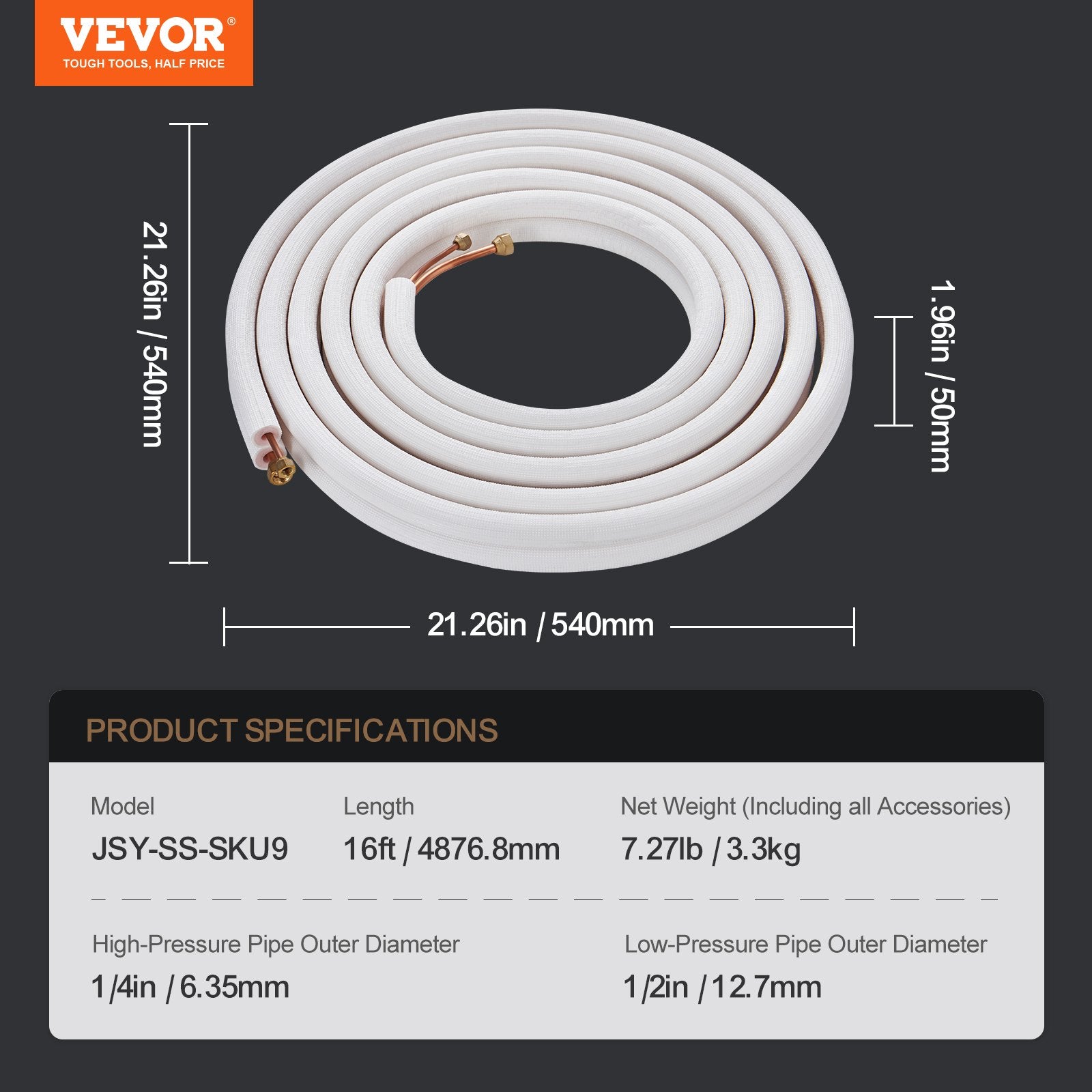VEVOR 4876.8mm Mini Split Line Set, 6.4 & 12.7mm O.D Copper Pipes Tubing and Triple-Layer Insulation, for Air Conditioning or Heating Pump Equipment & HVAC with Rich Accessories (18ft Connection Cable