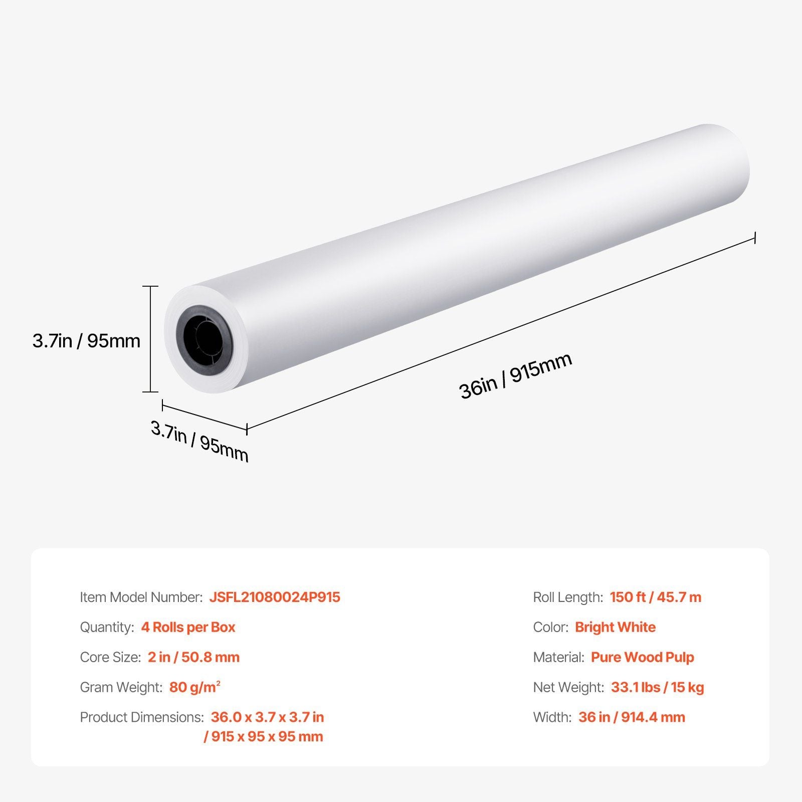 Wide Format Paper, 914.4 mm x 45.7 m Plotter Paper, 4 Rolls CAD Bond Rolls with 50.8 mm Core, 15 KG Plotter Paper Rolls, for CAD Drawings, Engineering Plans, GIS Maps & Architectural Designs