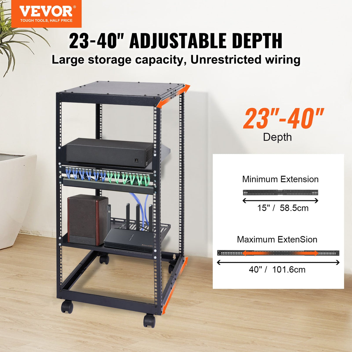 VEVOR 20U Open Frame Server Rack, 15''-40'' Adjustable Depth, Free Standing or Wall Mount Network Server Rack, 4 Post AV Rack with Casters, Holds All Your Networking IT Equipment AV Gear Router Modem