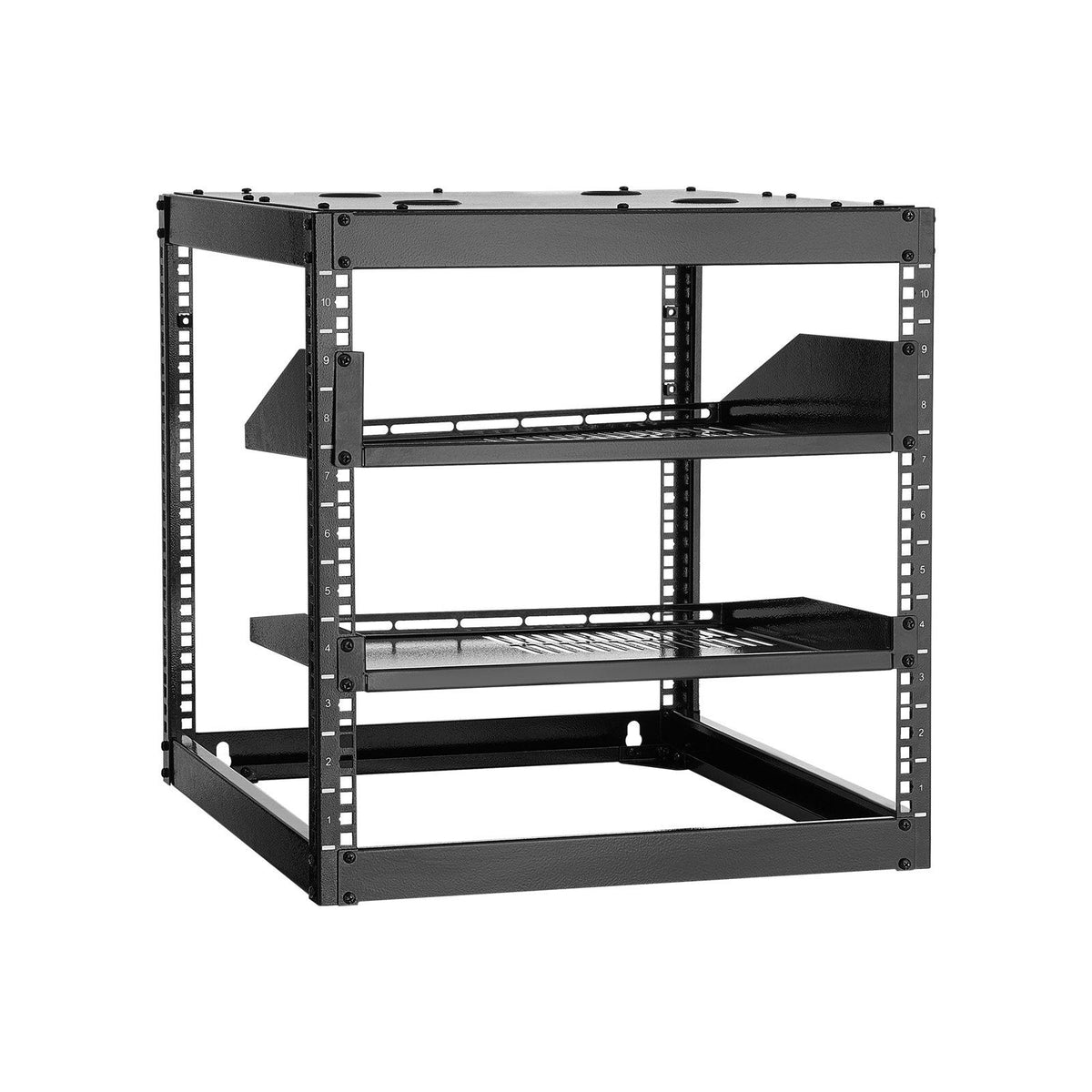 10U Open Frame Network Rack, 585 mm Depth, Wall Mounted or Floor Standing Server Rack, Heavy Duty 4 Post, with Vented Shelves &amp; Mounting Hardware, Holds All Your Networking IT Equipment AV Gear