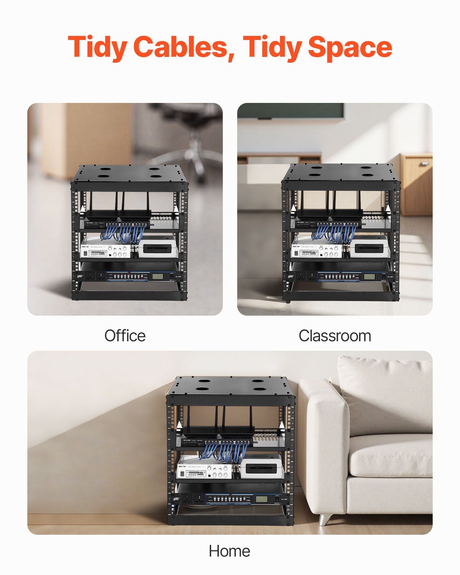 10U Open Frame Network Rack, 585 mm Depth, Wall Mounted or Floor Standing Server Rack, Heavy Duty 4 Post, with Vented Shelves & Mounting Hardware, Holds All Your Networking IT Equipment AV Gear