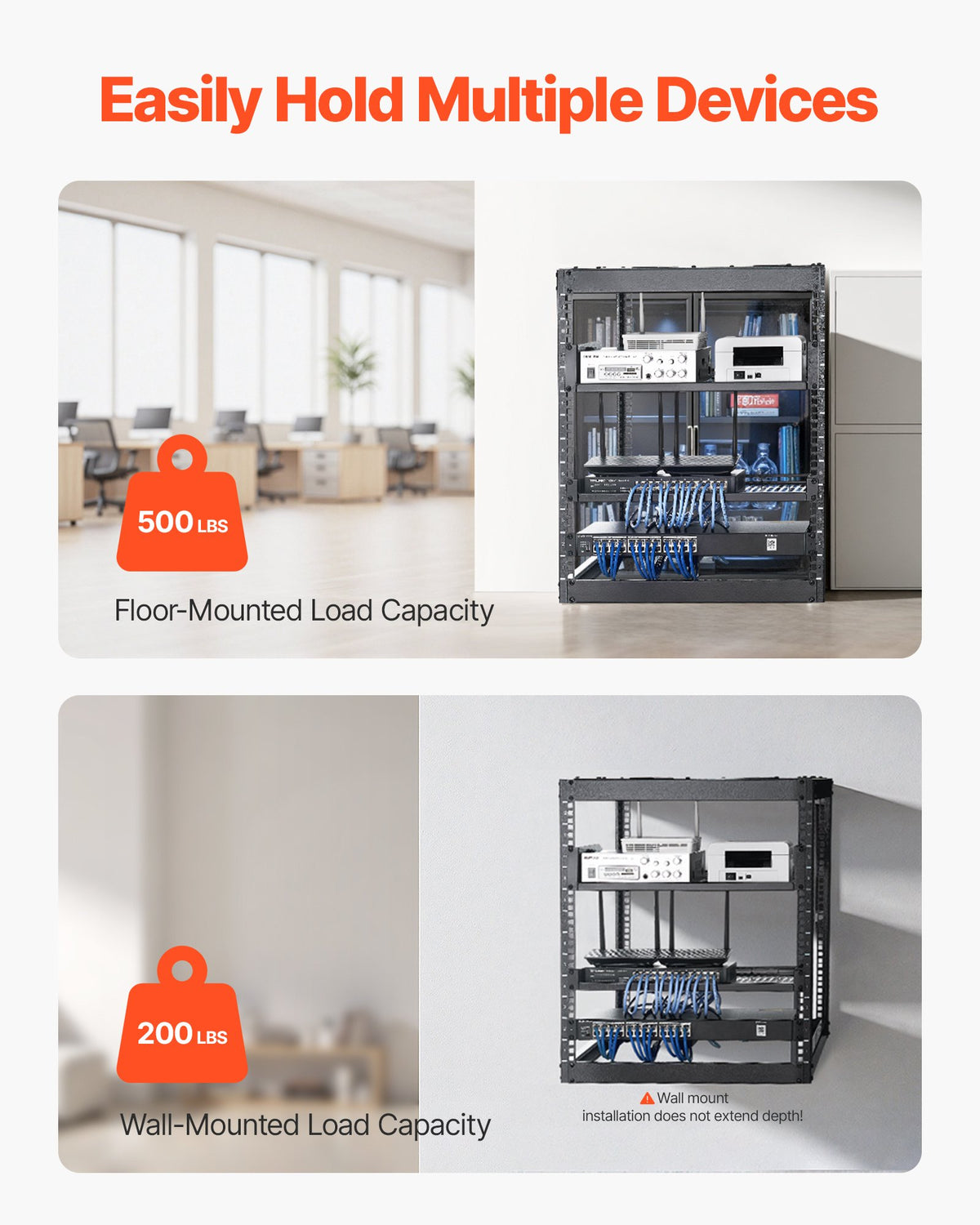 VEVOR 12U Open Frame Network Rack, 585 mm Depth, Wall Mounted or Floor Standing Server Rack, Heavy Duty 4 Post, with Vented Shelves & Mounting Hardware, Holds All Your Networking IT Equipment AV Gear