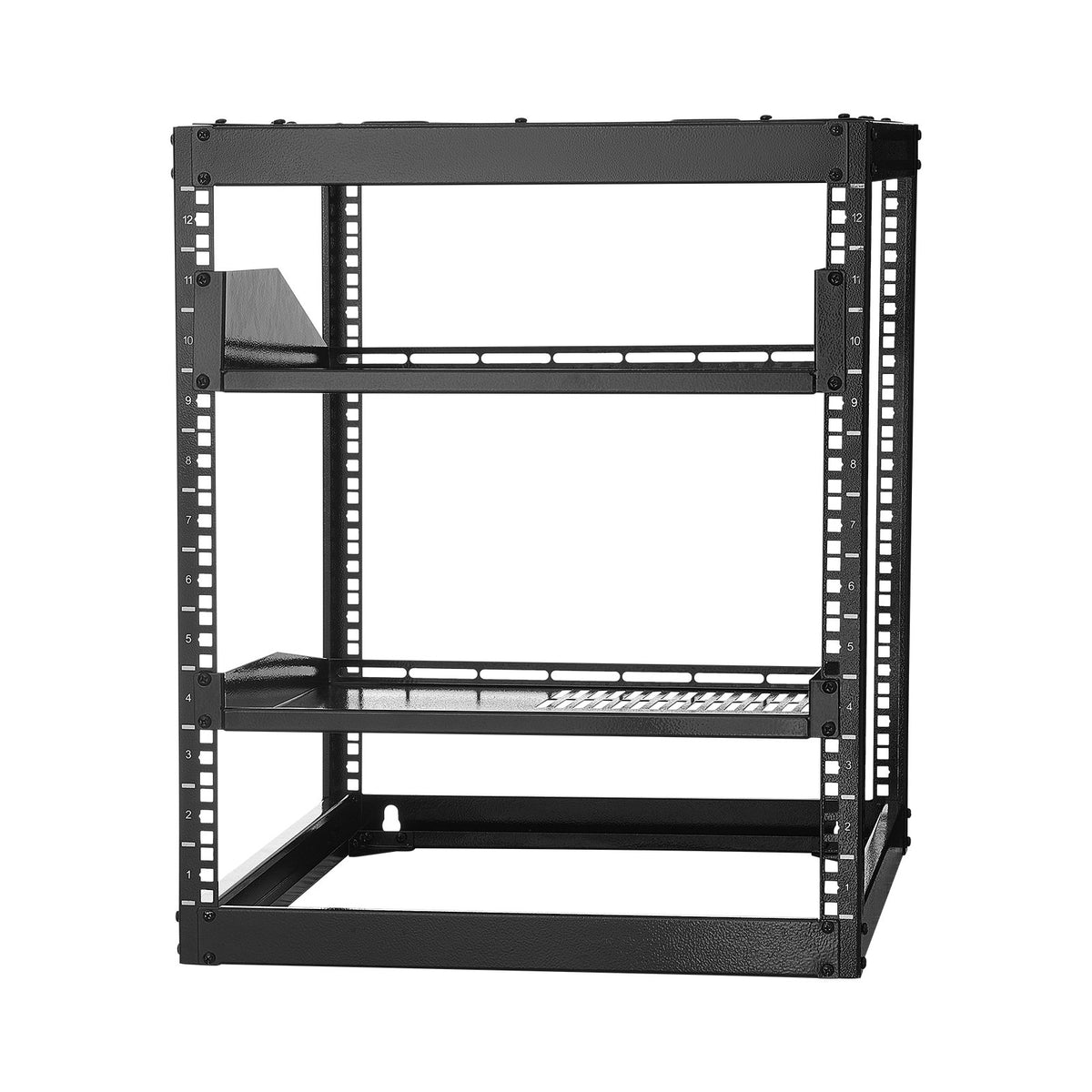 VEVOR 12U Open Frame Network Rack, 585 mm Depth, Wall Mounted or Floor Standing Server Rack, Heavy Duty 4 Post, with Vented Shelves & Mounting Hardware, Holds All Your Networking IT Equipment AV Gear