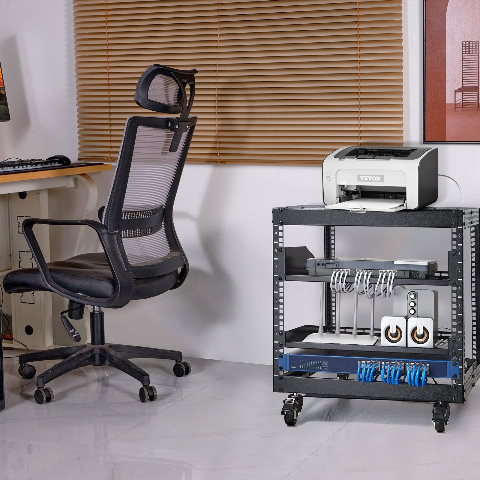 VEVOR 9U Open Frame Server Rack, 584.2 to 1016 mm Adjustable Depth, Free Standing or Wall Mount Network Server Rack with 360° Casters, Heavy Duty 4 Post Holds All Your Networking IT Equipment AV Gear