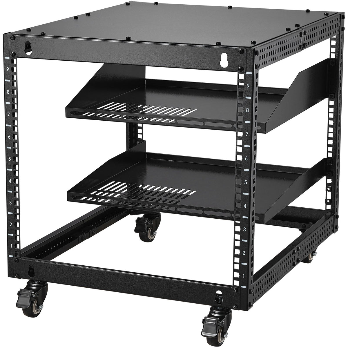 VEVOR 9U Open Frame Server Rack, 584.2 to 1016 mm Adjustable Depth, Free Standing or Wall Mount Network Server Rack with 360° Casters, Heavy Duty 4 Post Holds All Your Networking IT Equipment AV Gear