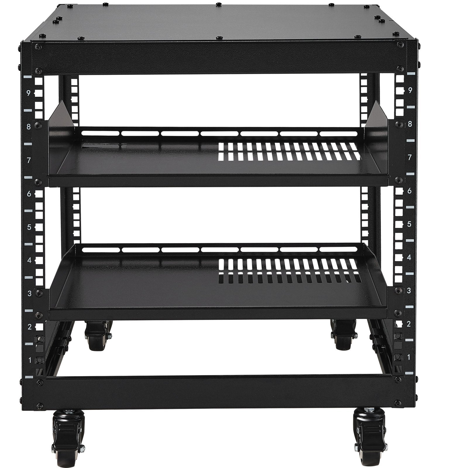 VEVOR 9U Open Frame Server Rack, 584.2 to 1016 mm Adjustable Depth, Free Standing or Wall Mount Network Server Rack with 360° Casters, Heavy Duty 4 Post Holds All Your Networking IT Equipment AV Gear