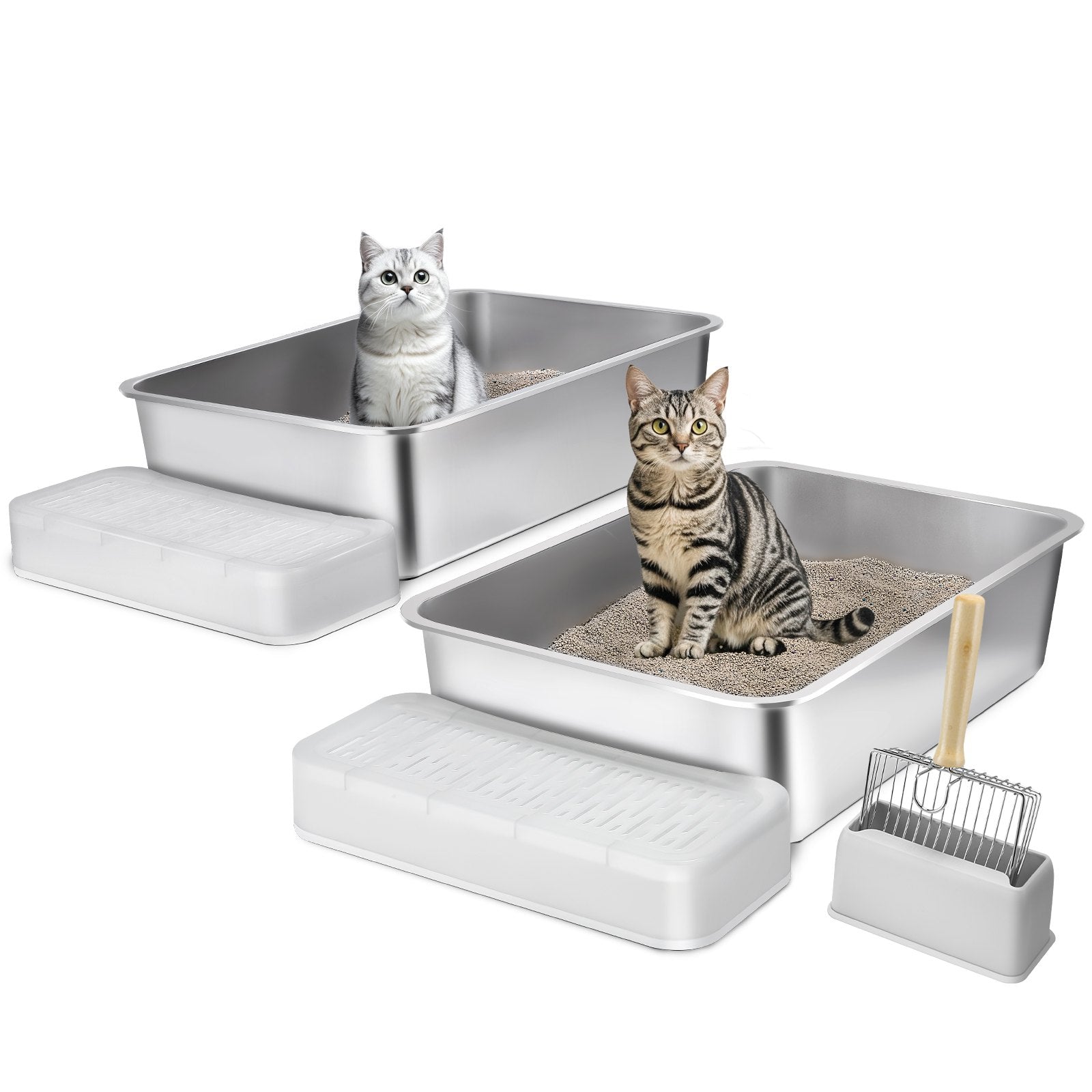 VEVOR Cat Litter Box, 152 mm Deep, XL Extra Large Stainless Steel Cat Litter Box with Scoop, Wide Filtering Foot Board & High Sides, Enclosed Odor-Free Easy-to-Clean Litter Box, Fit for Big Cats