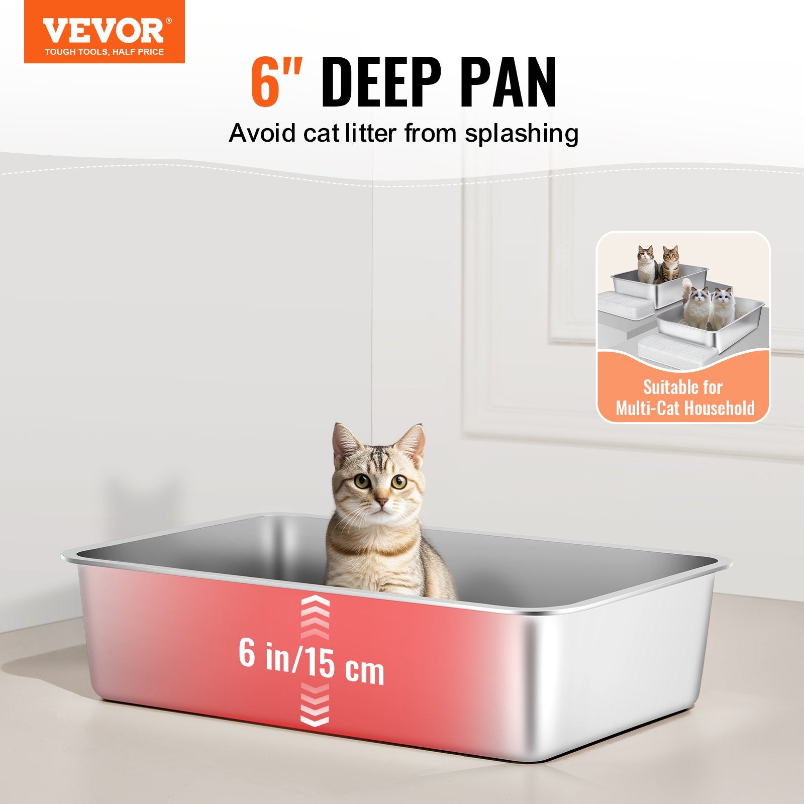 VEVOR Cat Litter Box, 152 mm Deep, XL Extra Large Stainless Steel Cat Litter Box with Scoop, Wide Filtering Foot Board & High Sides, Enclosed Odor-Free Easy-to-Clean Litter Box, Fit for Big Cats